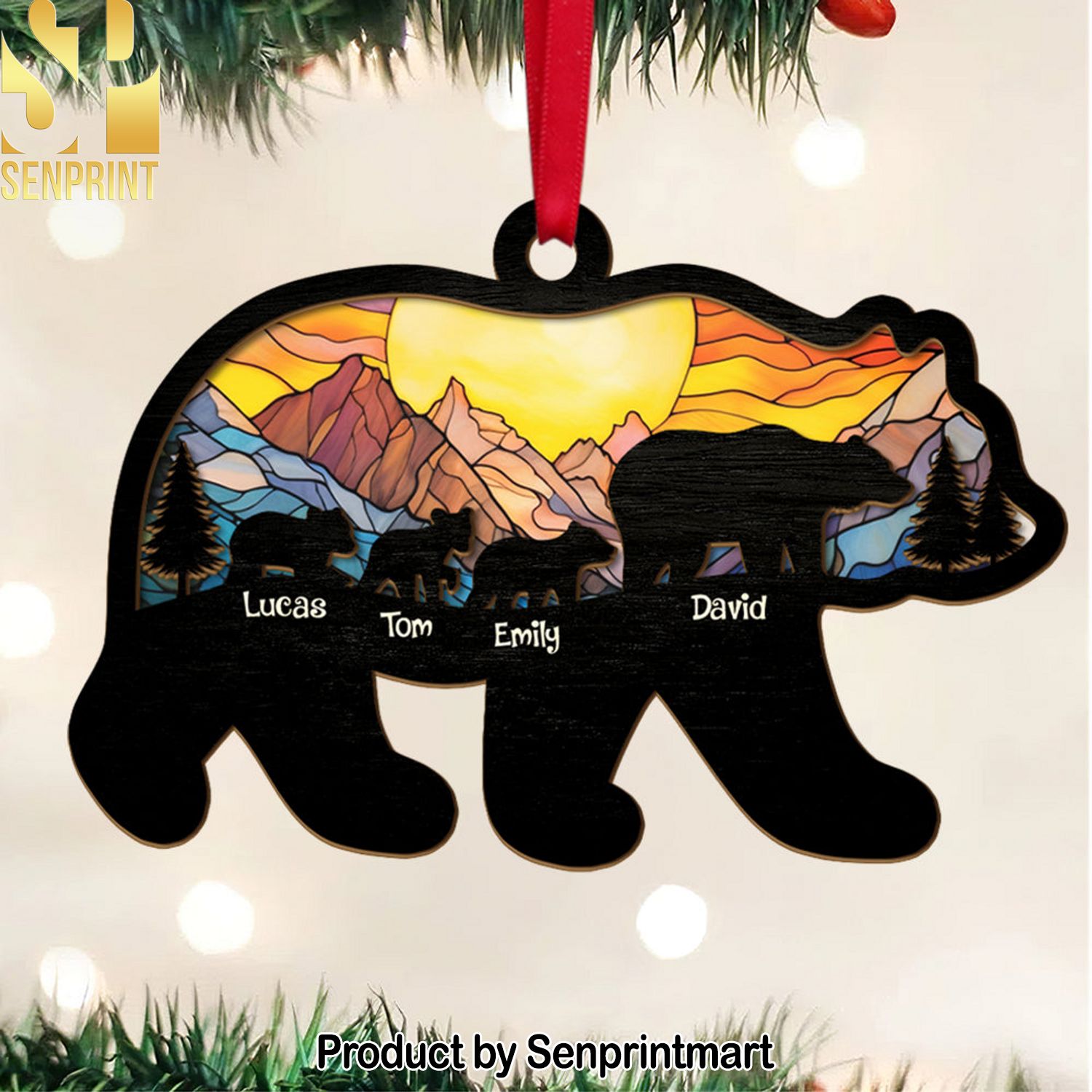 Gift For Family, Personalized Wood Ornament, Bear Family Suncatcher Ornament, Christmas Gift