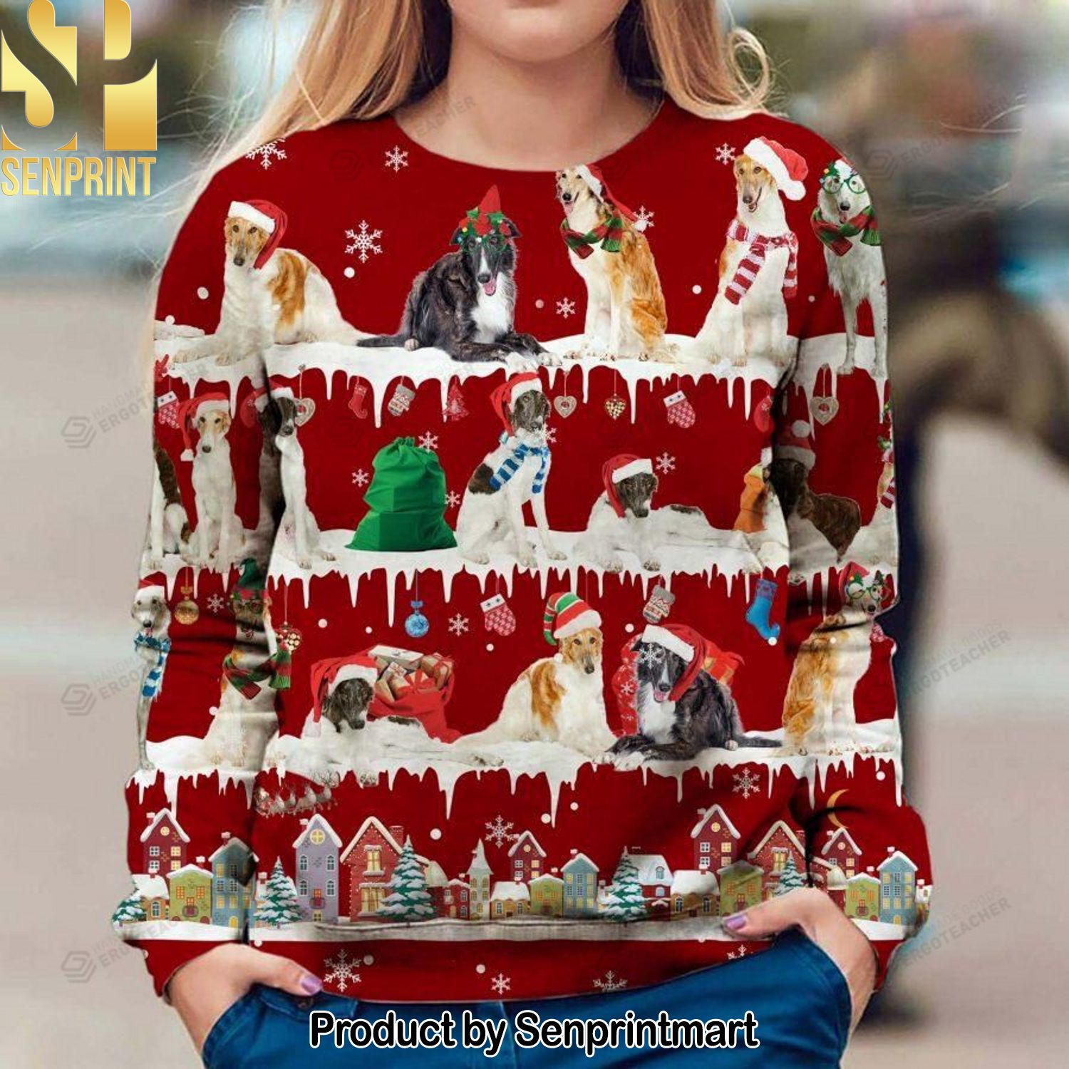 Borzoi Dog Ugly Christmas Wool Knitted Sweater