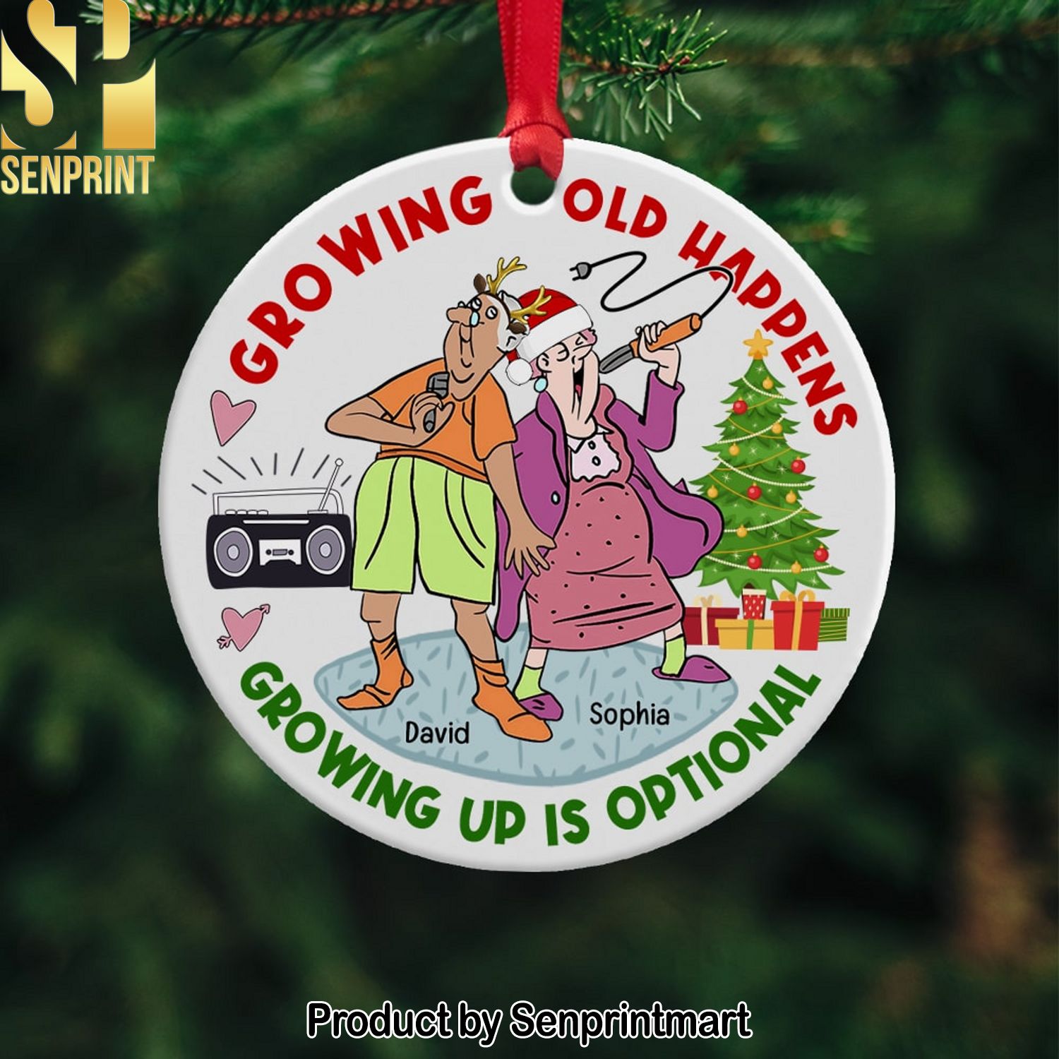 Growing Old Happens Growing Up Is Optional Personalized Ornament Ceramic Circle Ornament Gift For Christmas Couple Gift Funny Old Couple Ornament