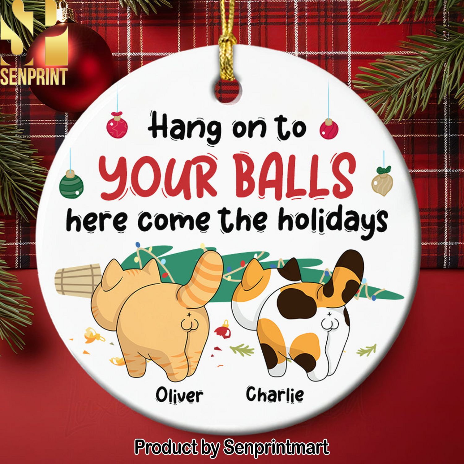 Hang On To Your Balls, Personalized Ornament, Gifts For Cat Lover