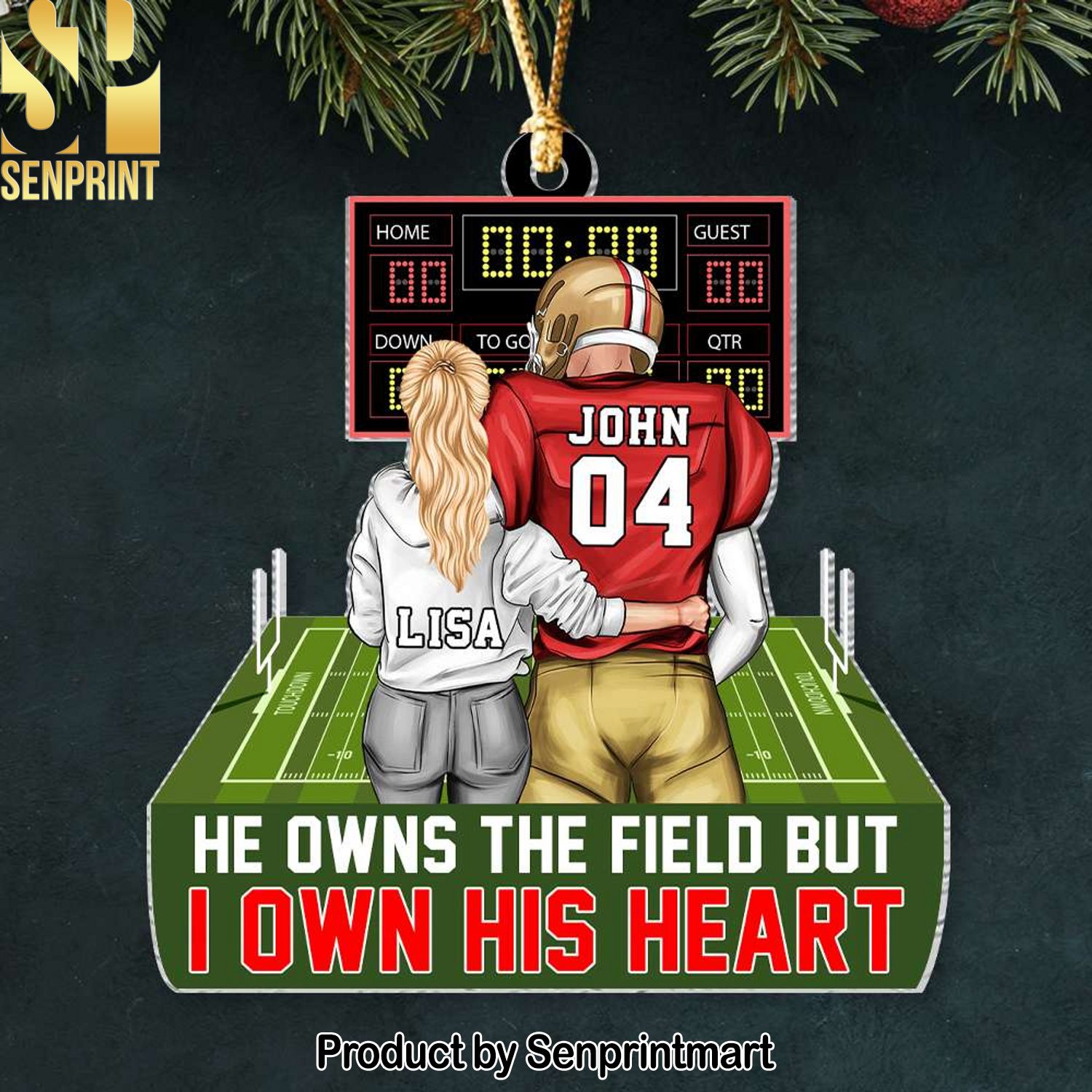 He Owns The Field But I Own His Heart, Personalized Ornament, Gifts For Football Player