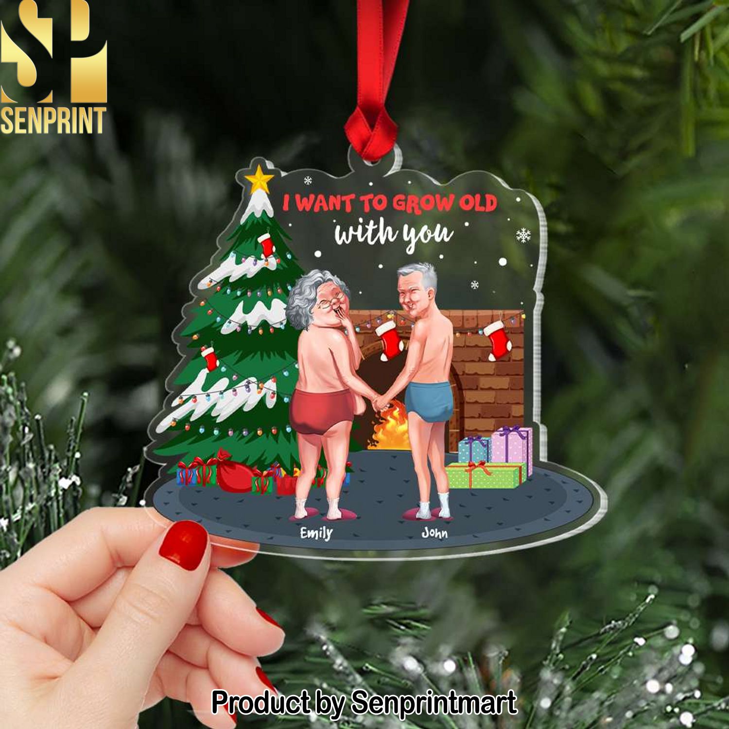 I Want To Grow Old With You, Couple Gift, Personalized Acrylic Ornament, Old Couple Ornament, Christmas Gift