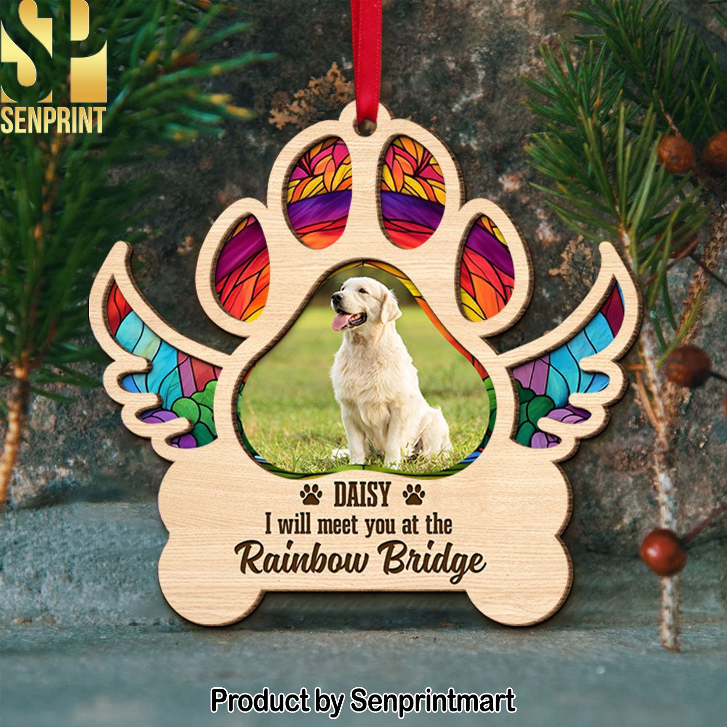 I Will Meet You At The Rainbow Bridge Personalized Custom Photo Wood Ornament Christmas Gift For Pet Lover