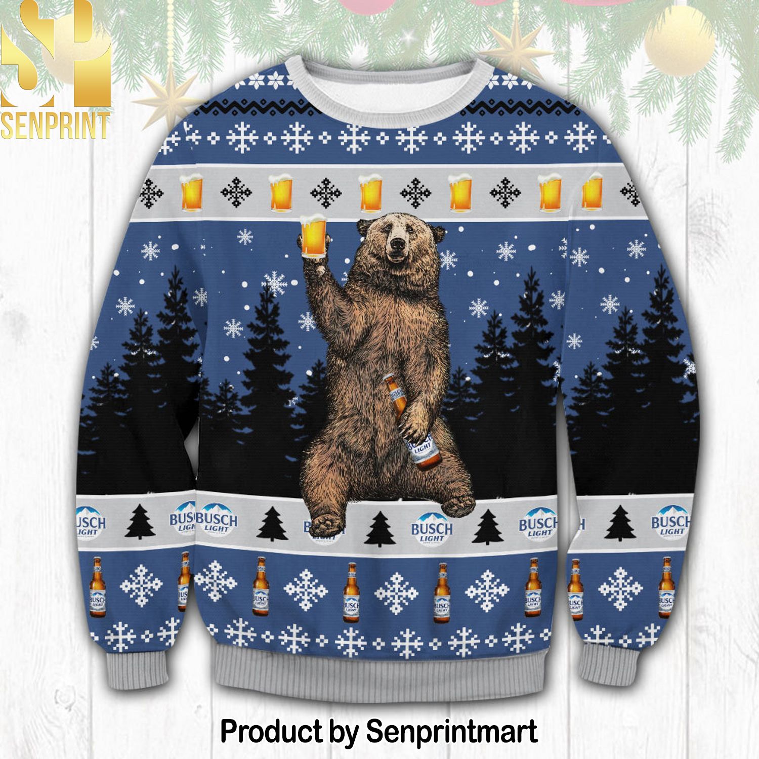 Busch Light Bear For Christmas Gifts Ugly Christmas Wool Knitted Sweater