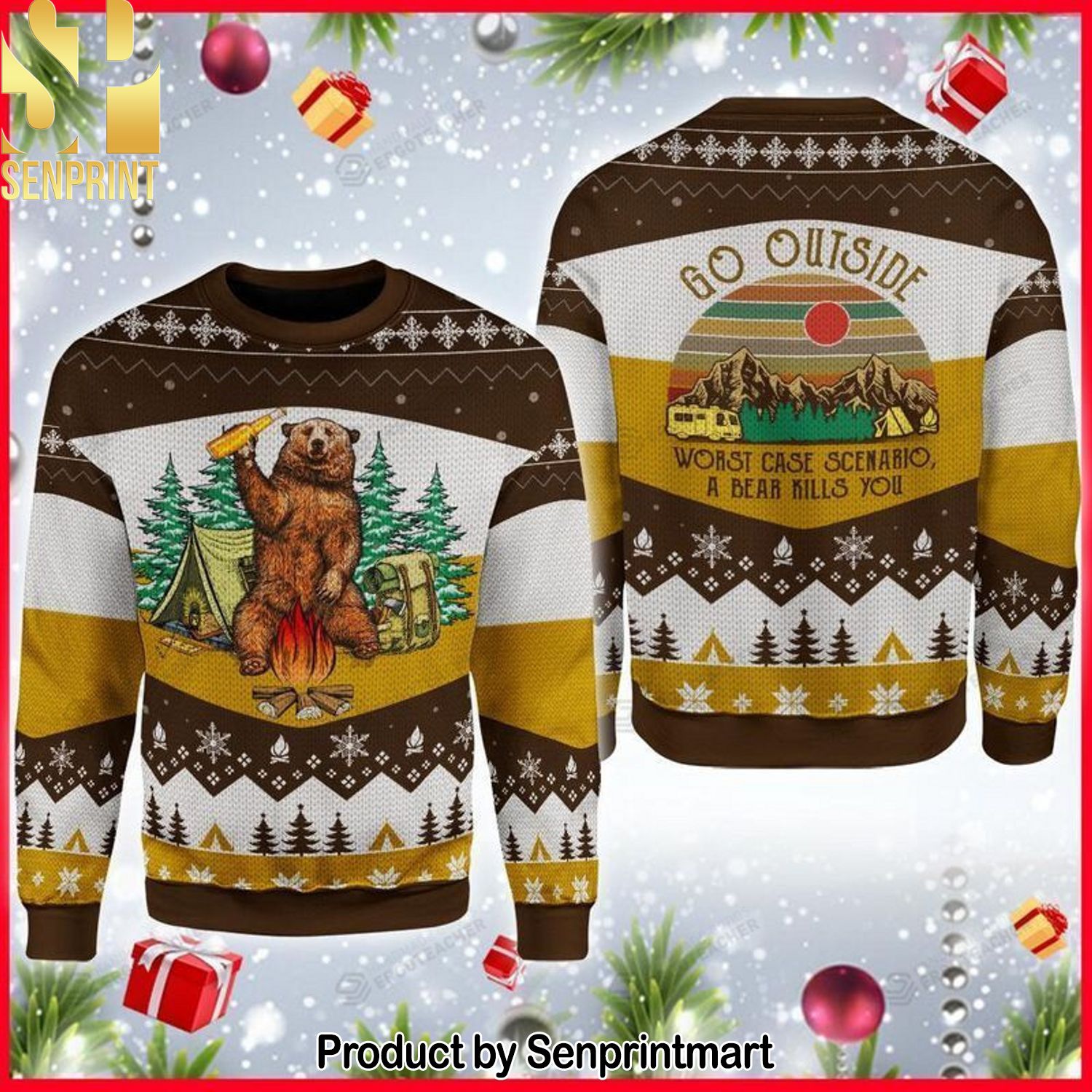Camping Go Outside Worst Case Scenario A Bear Kills You For Christmas Gifts 3D Printed Ugly Christmas Sweater