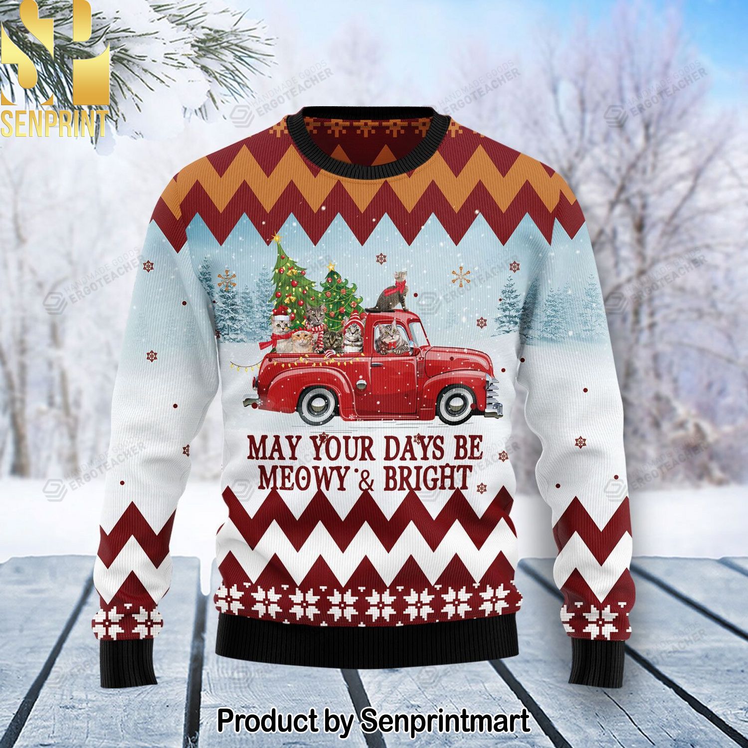 Cat Red Truck Knitting Pattern Ugly Christmas Holiday Sweater