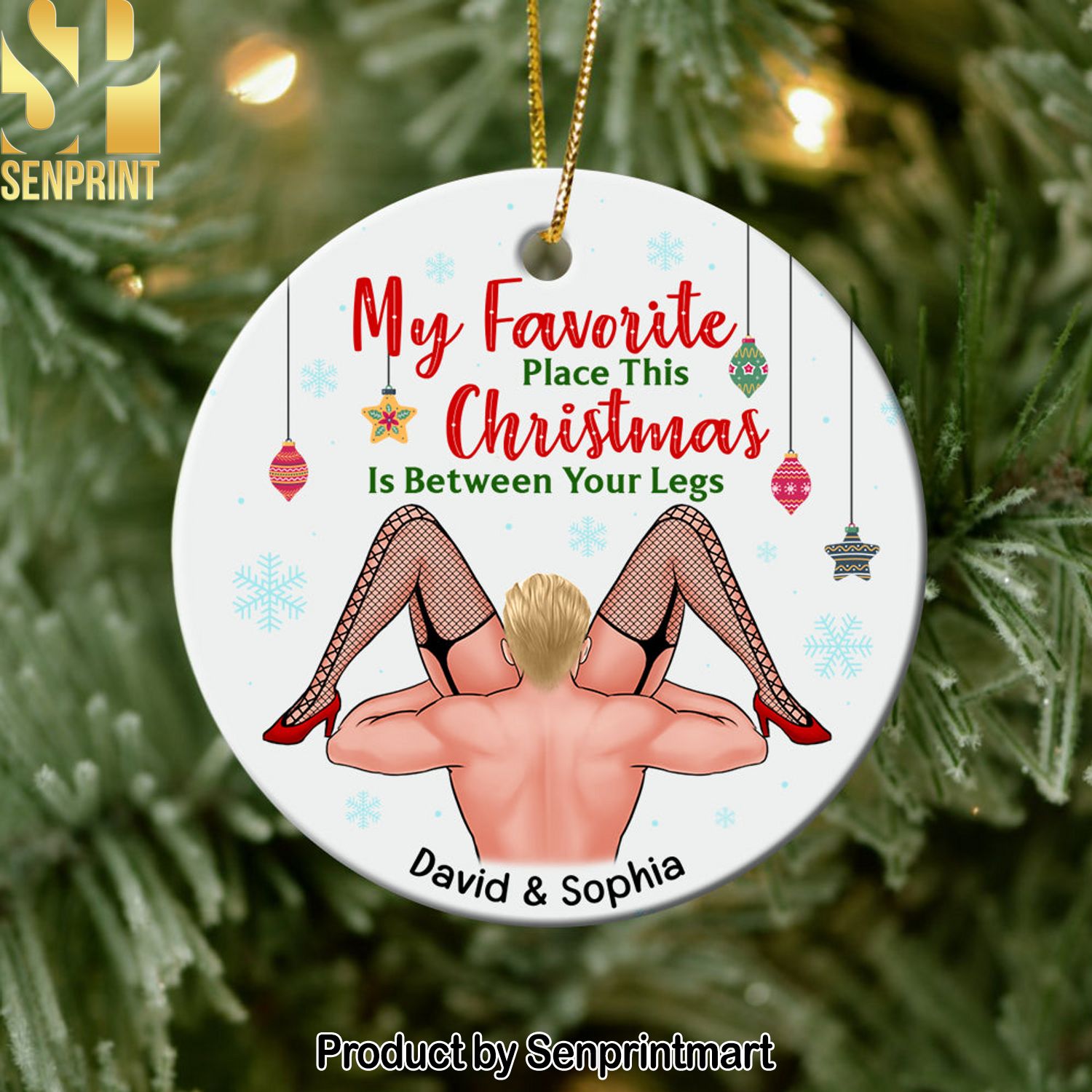 My Favorite Place This Christmas Is Between Your Legs Personalized Ornament Ceramic Circle Ornament Gift For Him Gift For Her Christmas Gifts Couple Ornament