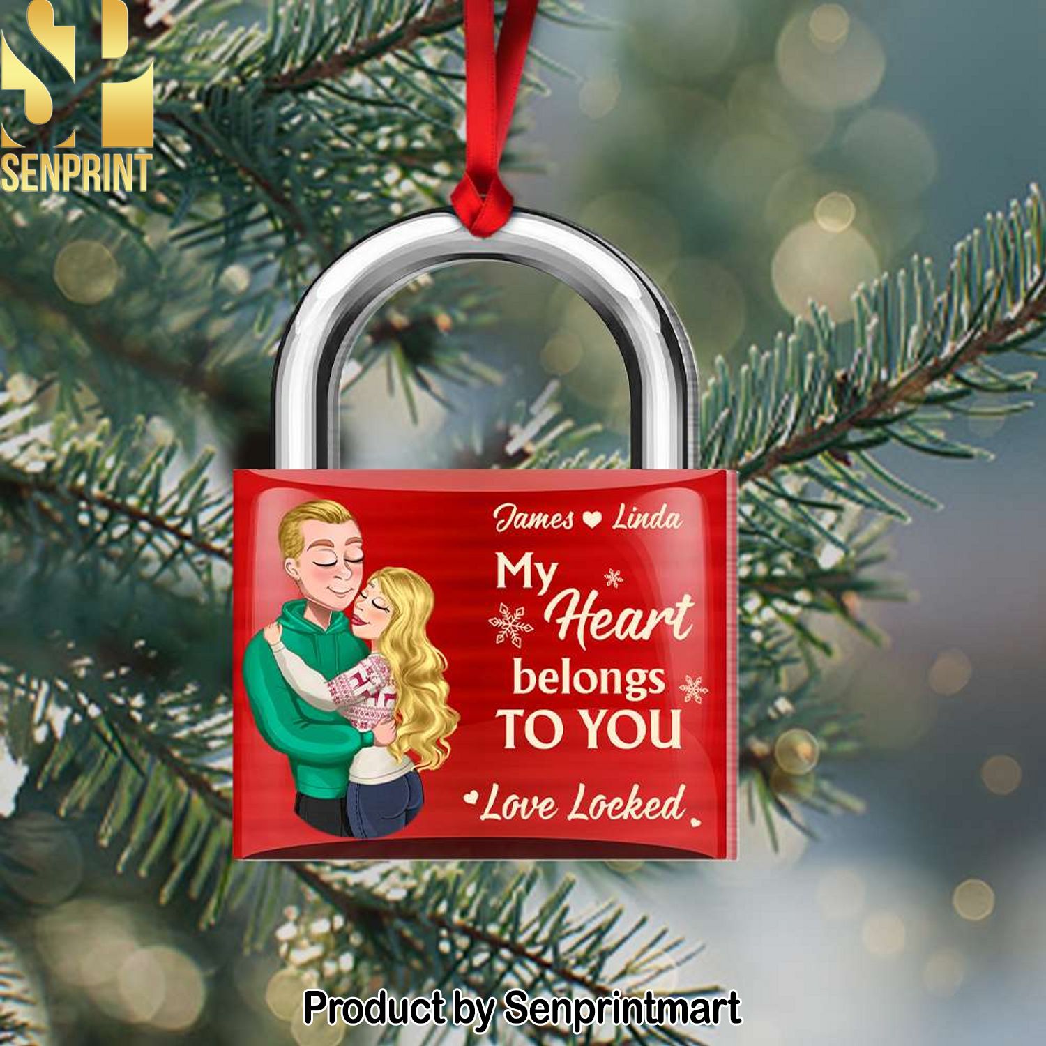 My Heart Belongs To You, Couple Gift, Personalized Acrylic Ornament, Locked Couple Ornament, Christmas Gift