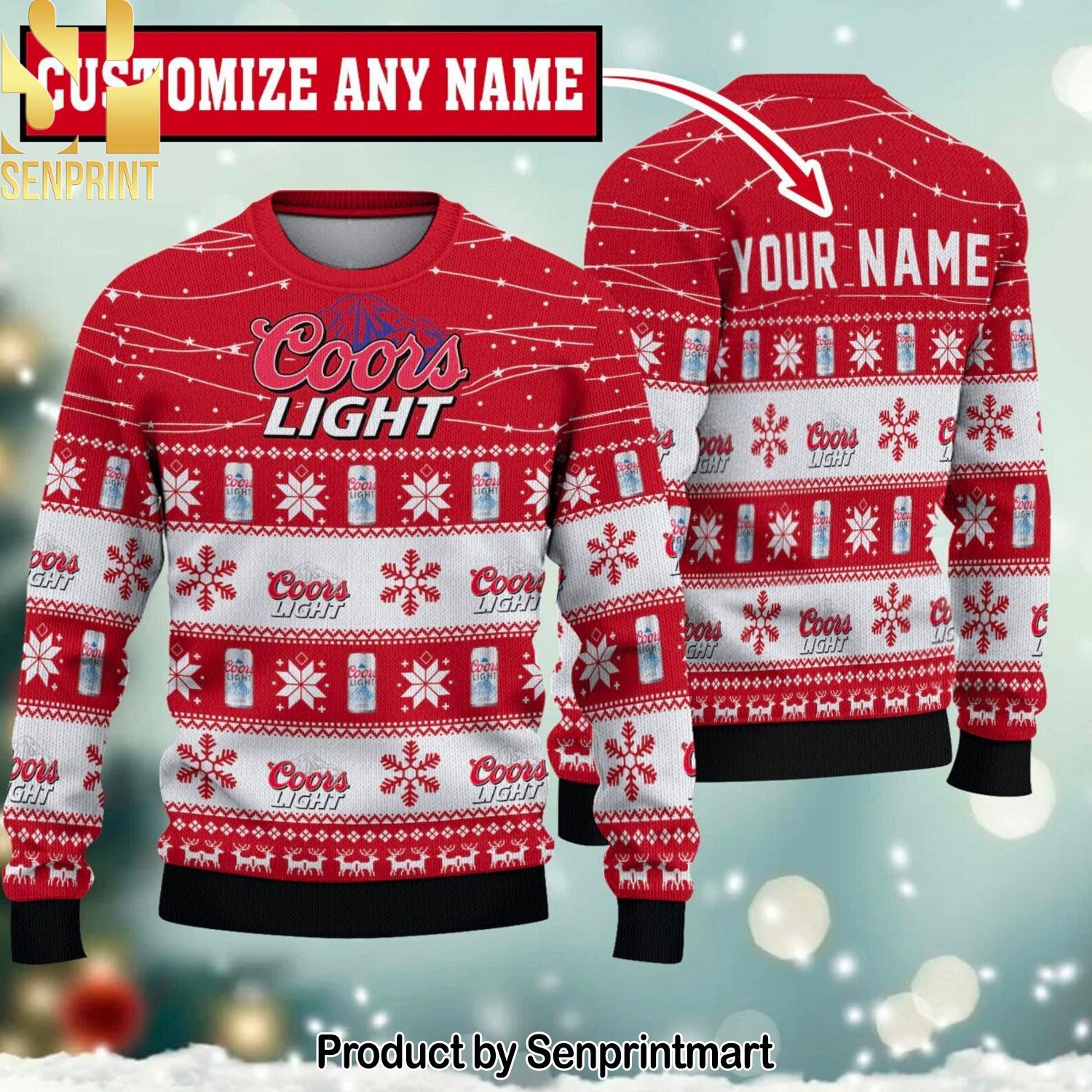 Coors Light Twinkle Light Custom Name Knitting Pattern 3D Print Ugly Sweater