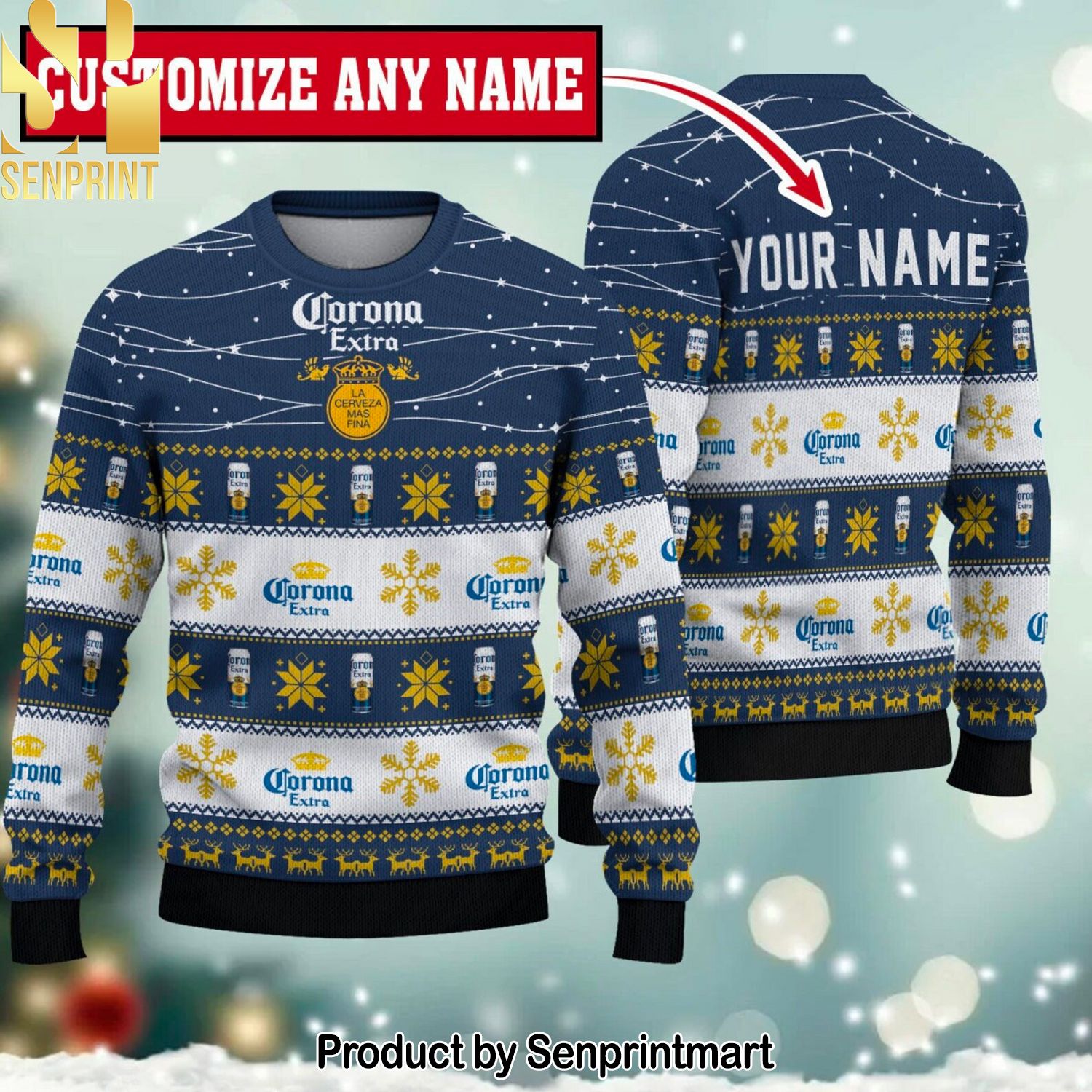 Corona Extra Twinkle Light Custom Name Knitting Pattern Ugly Christmas Holiday Sweater