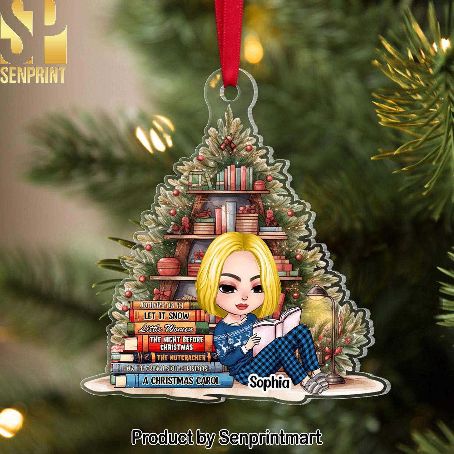 Personalized Reading Book Girl Acrylic Ornament, Christmas Gift For Book Lover