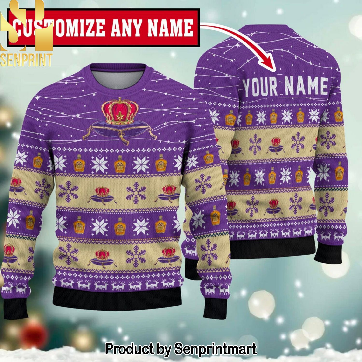 Crown Royal Twinkle Light Custom Name For Christmas Gifts Ugly Xmas Wool Knitted Sweater