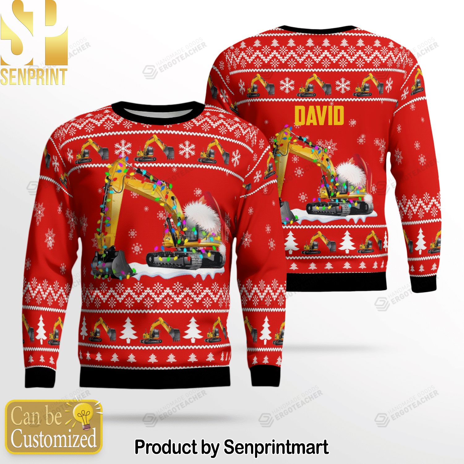 Custom Name Excavator 3D Printed Ugly Christmas Sweater