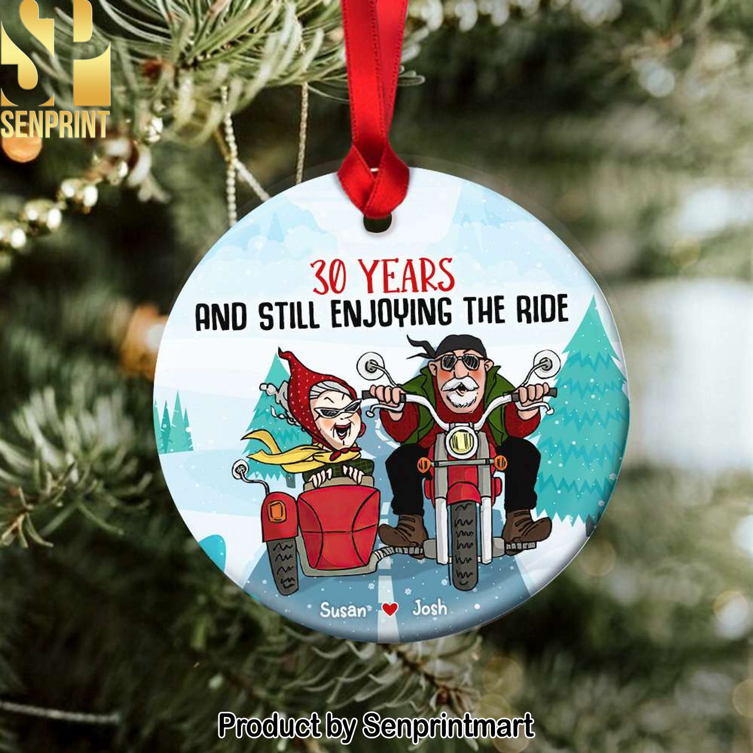 Still Enjoying The Ride, Couple Gift, Personalized Ceramic Ornament, Old Couple Biker Ornament, Christmas Gift