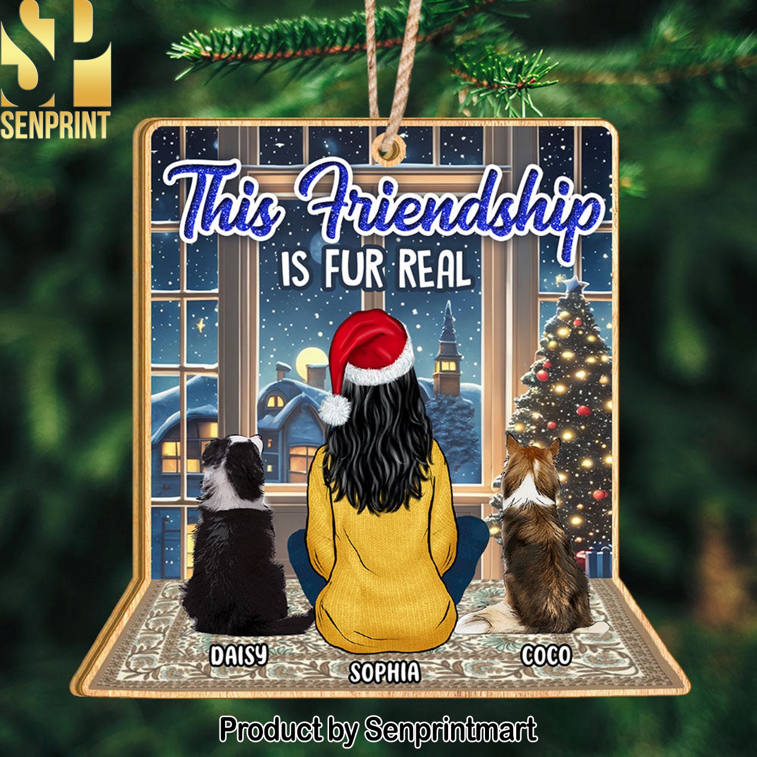 This Friendship Is Fur Real, Gift For Dog Lovers, Personalized Acrylic Ornament, Girl Sitting With Dogs, Christmas Gift