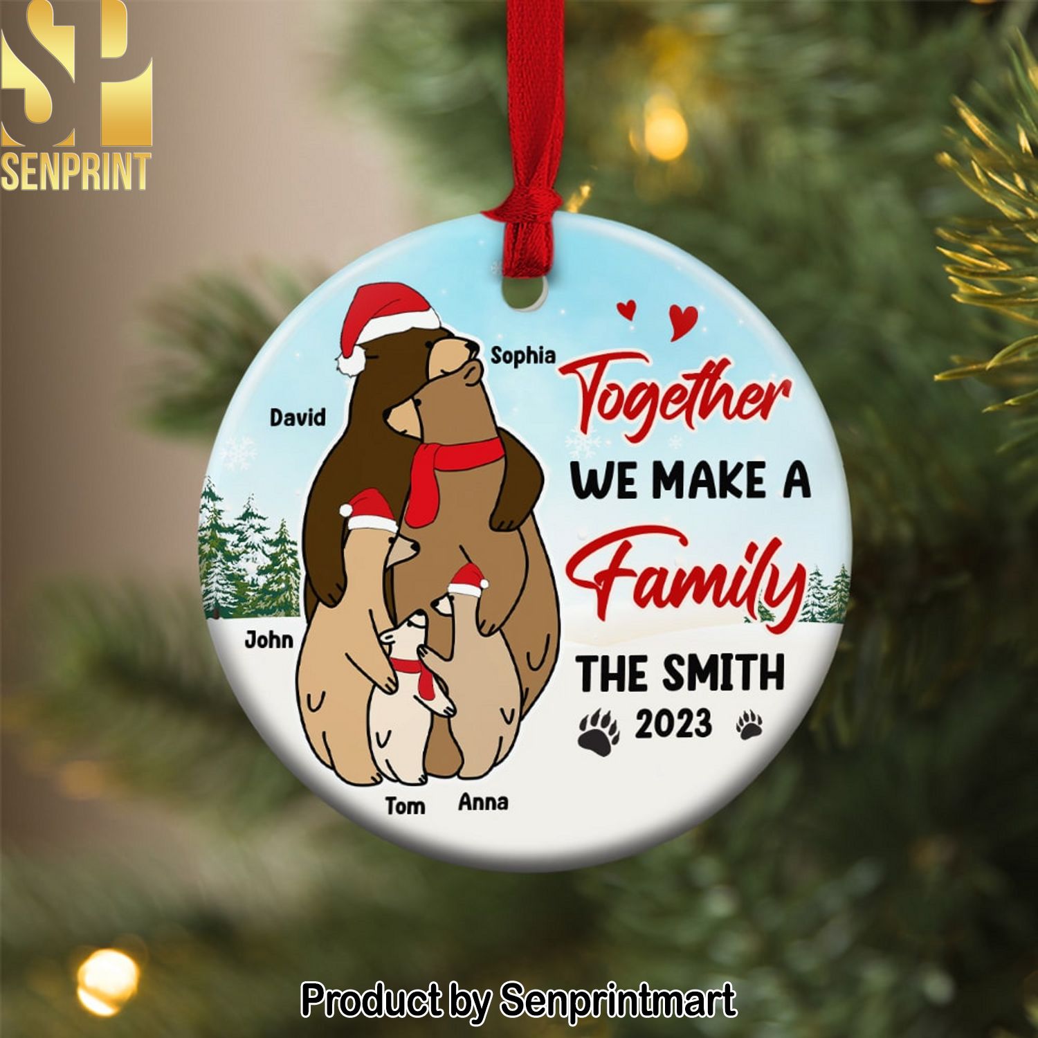 Together We Make A Family, Personalized Bear Ceramic Circle Ornament, Gift For Christmas