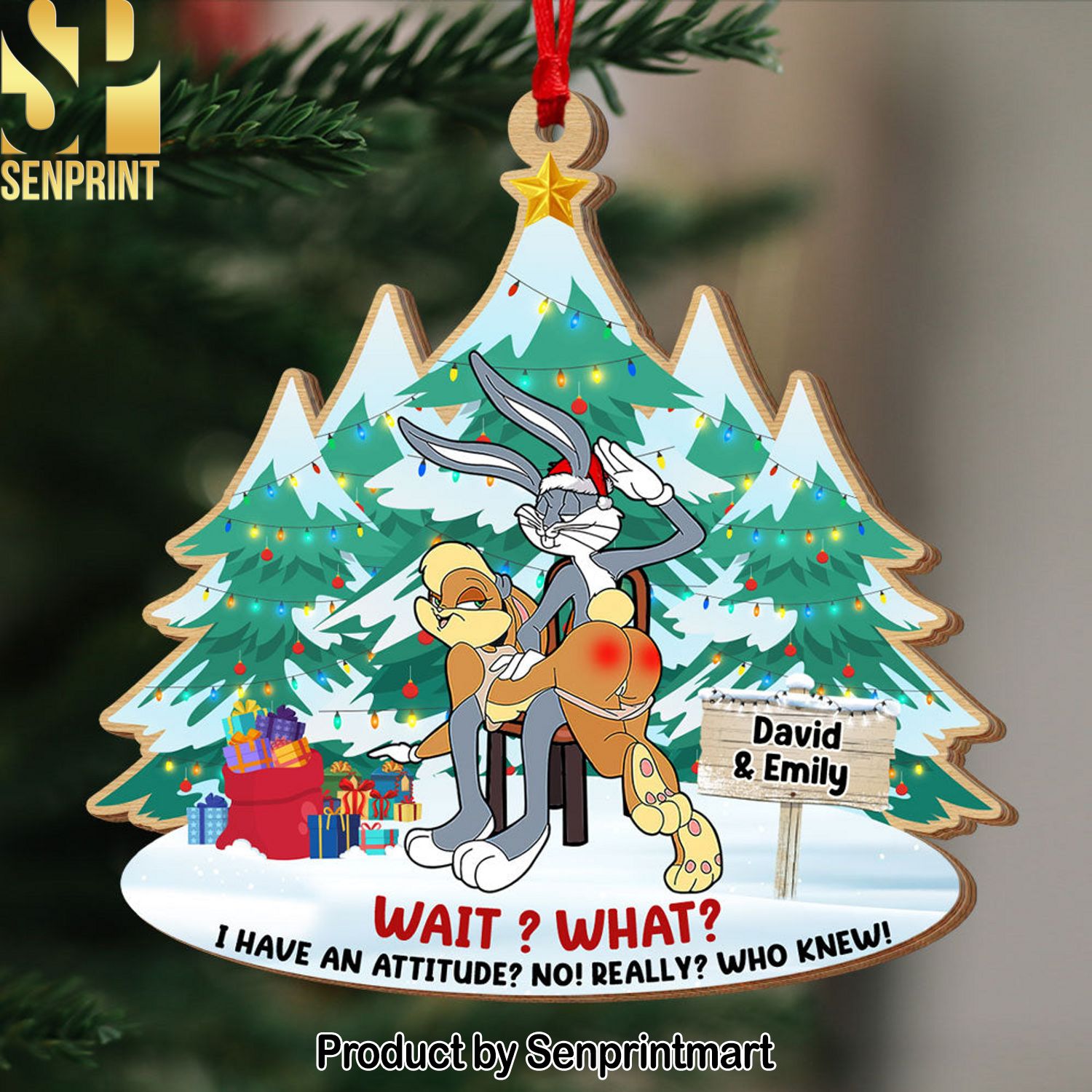 Wait, What, I Have An Attitude, Couple Gift, Personalized Acrylic Ornament, Funny Bunny Couple Ornament, Christmas Gift