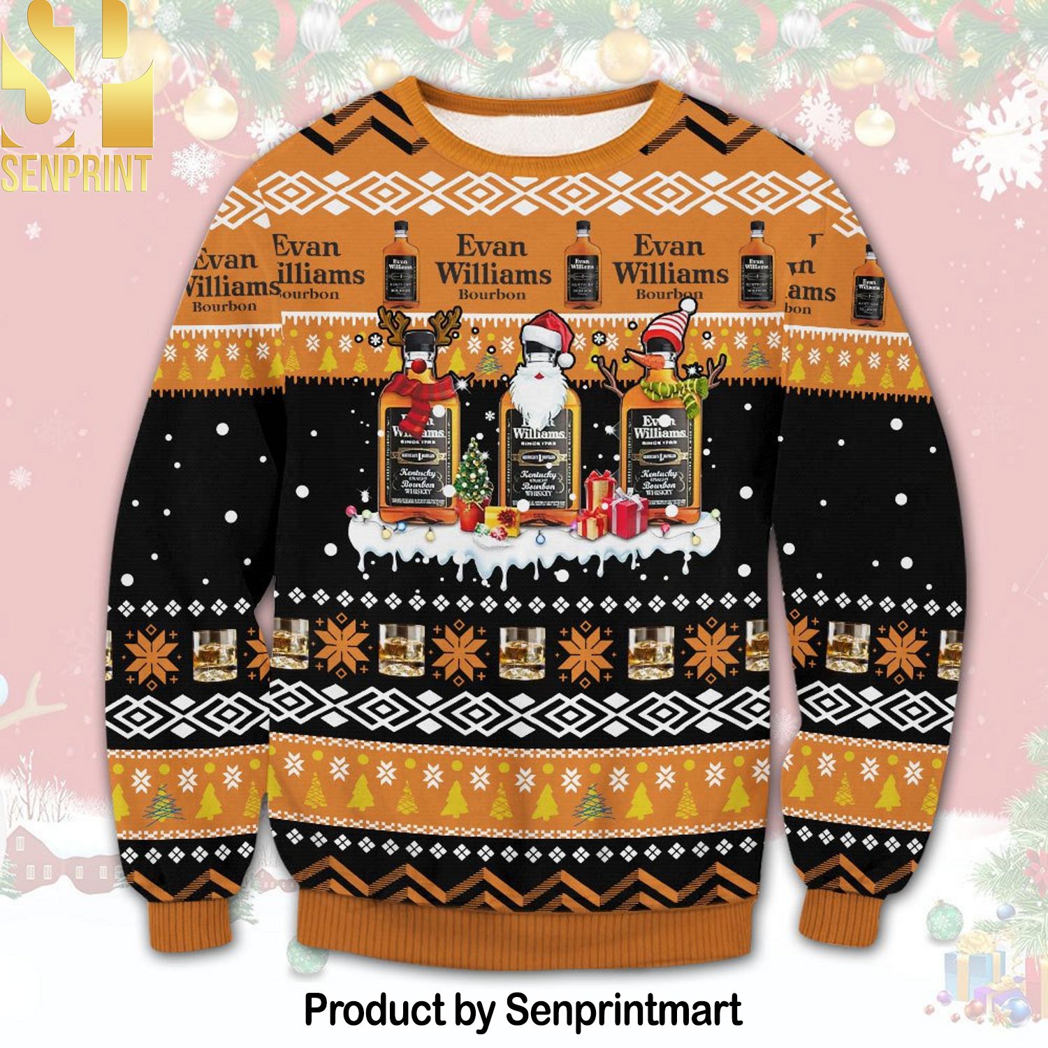 Evan Williams Bourbon For Christmas Gifts Ugly Christmas Wool Knitted Sweater