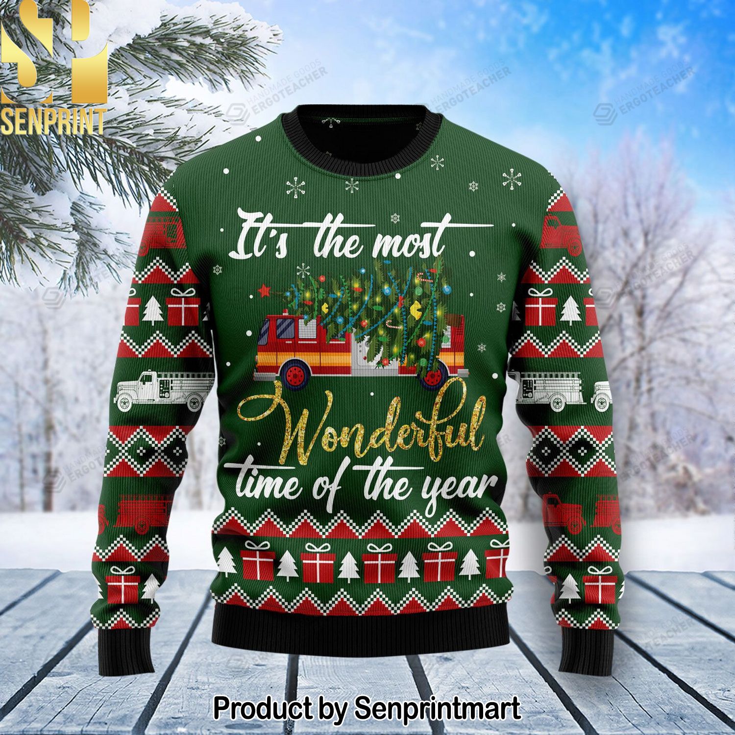 Firefighter Wonderful Time Knitting Pattern Ugly Christmas Holiday Sweater