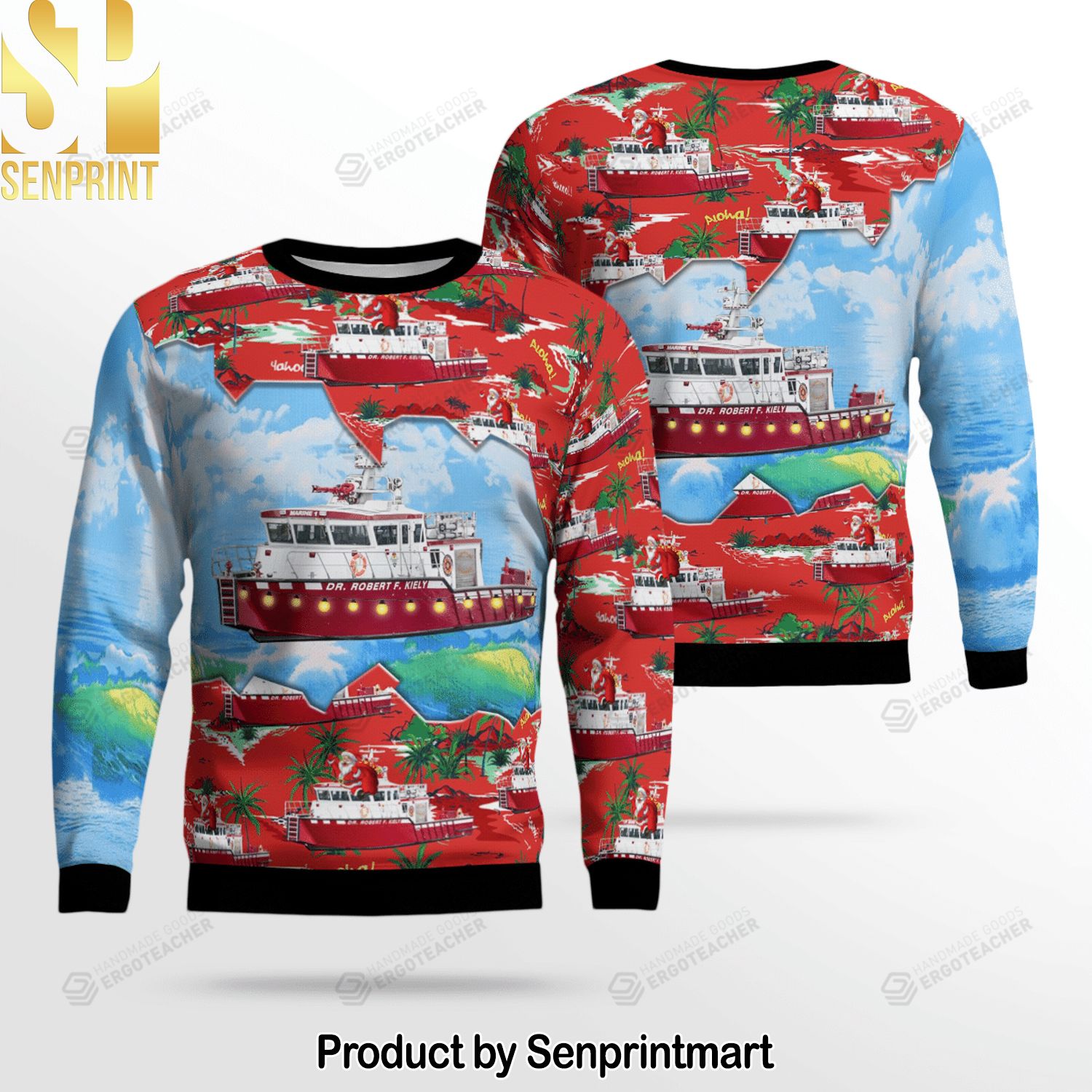 Florida Jacksonville Fire And Rescue Department Fireboat Dr. Robert F. Kiely Knitting Pattern 3D Print Ugly Sweater