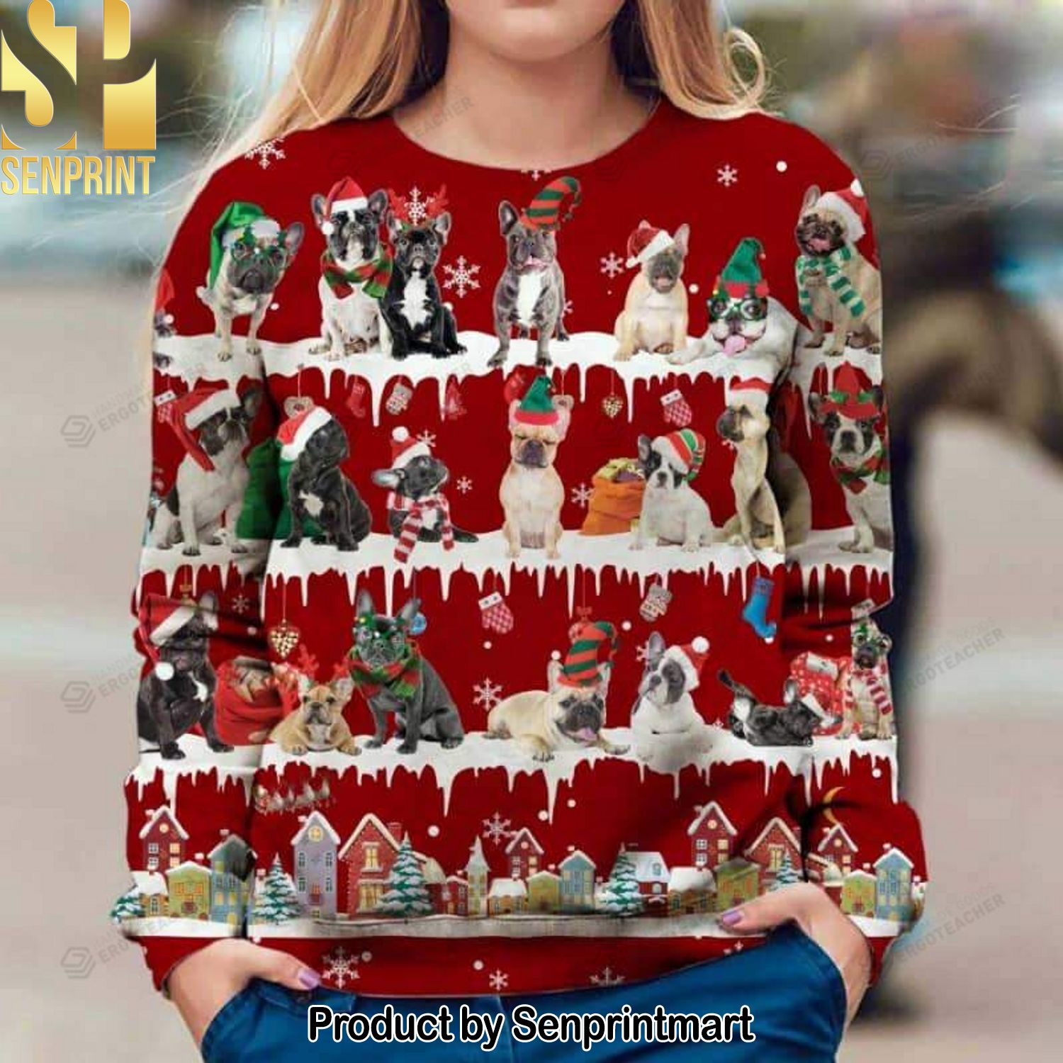French Bulldog Snow Christmas Knitting Pattern Ugly Christmas Sweater