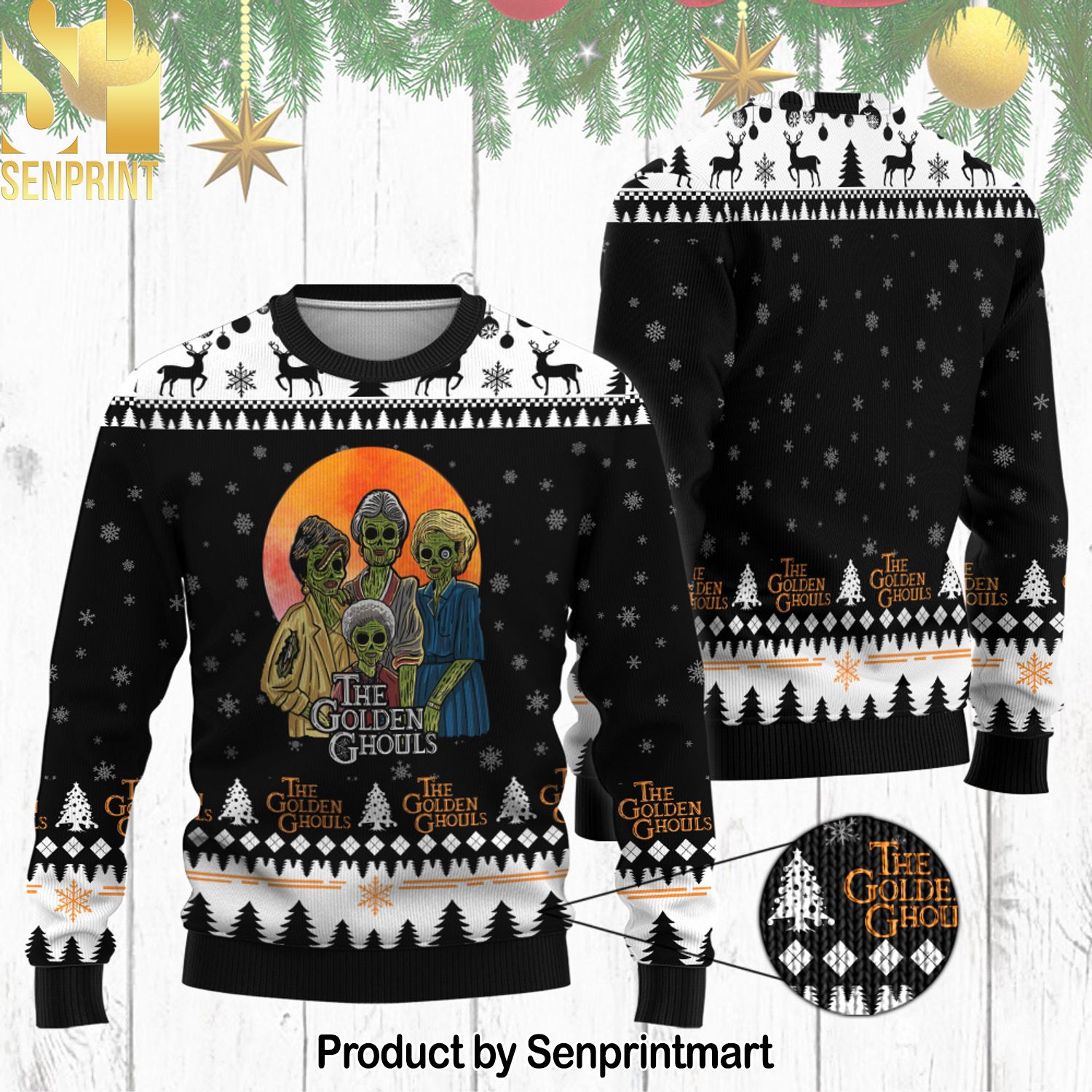 Golden Ghouls Knitting Pattern Ugly Christmas Holiday Sweater