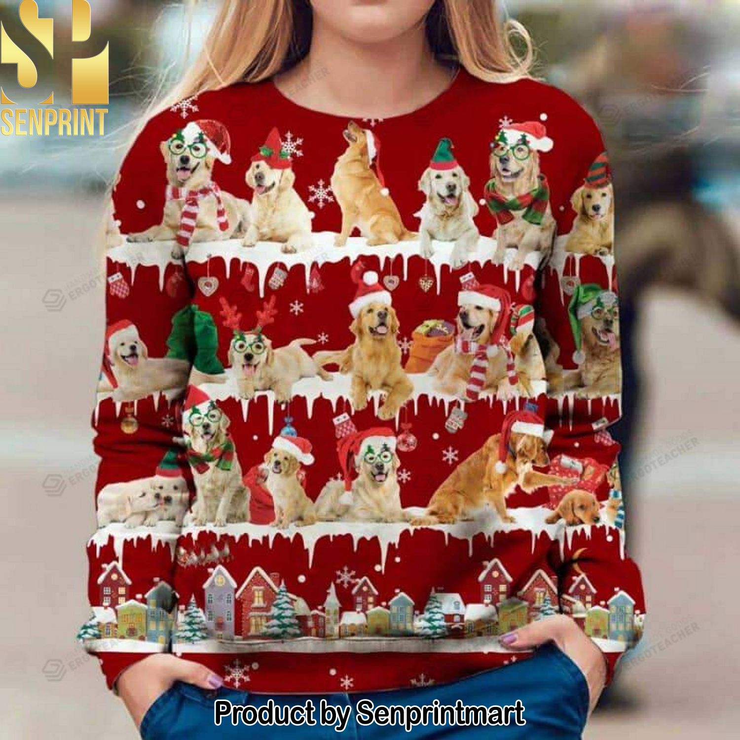 Golden Retriever Snow Christmas Ugly Xmas Wool Knitted Sweater