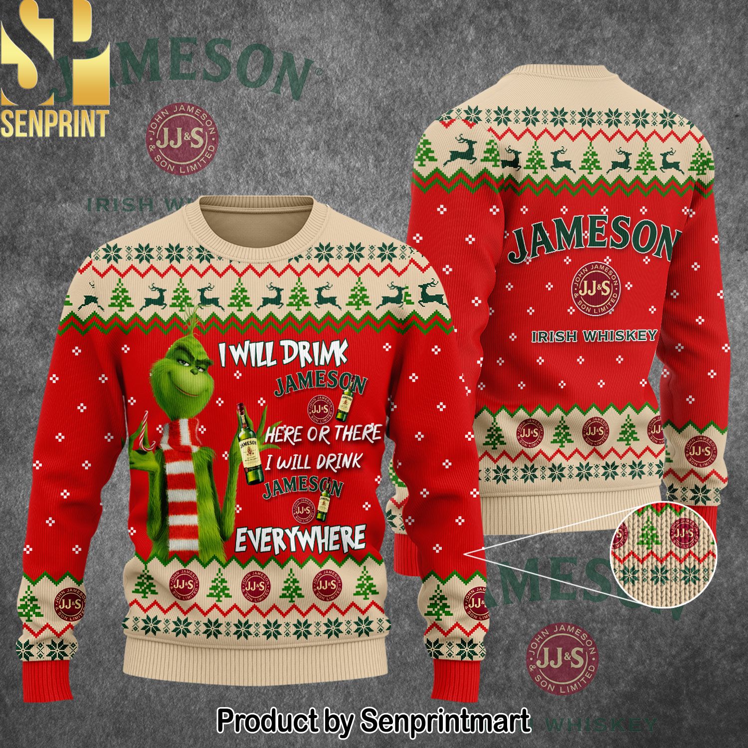 Grinch I Will Drink Here Or There I Will Drink Everywhere Jameson Ugly Christmas Wool Knitted Sweater