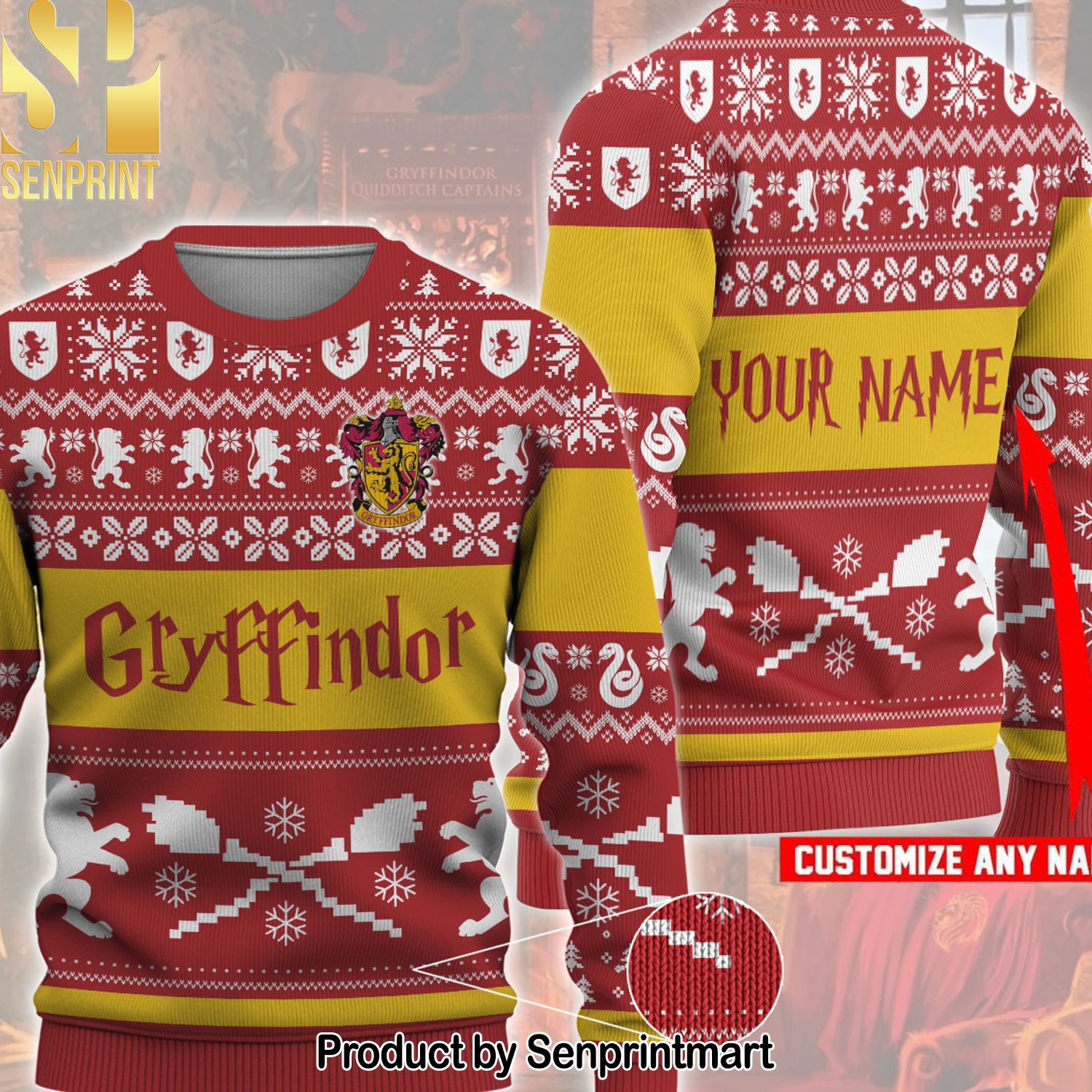 Gryffindor Custom Name Ugly Christmas Sweater