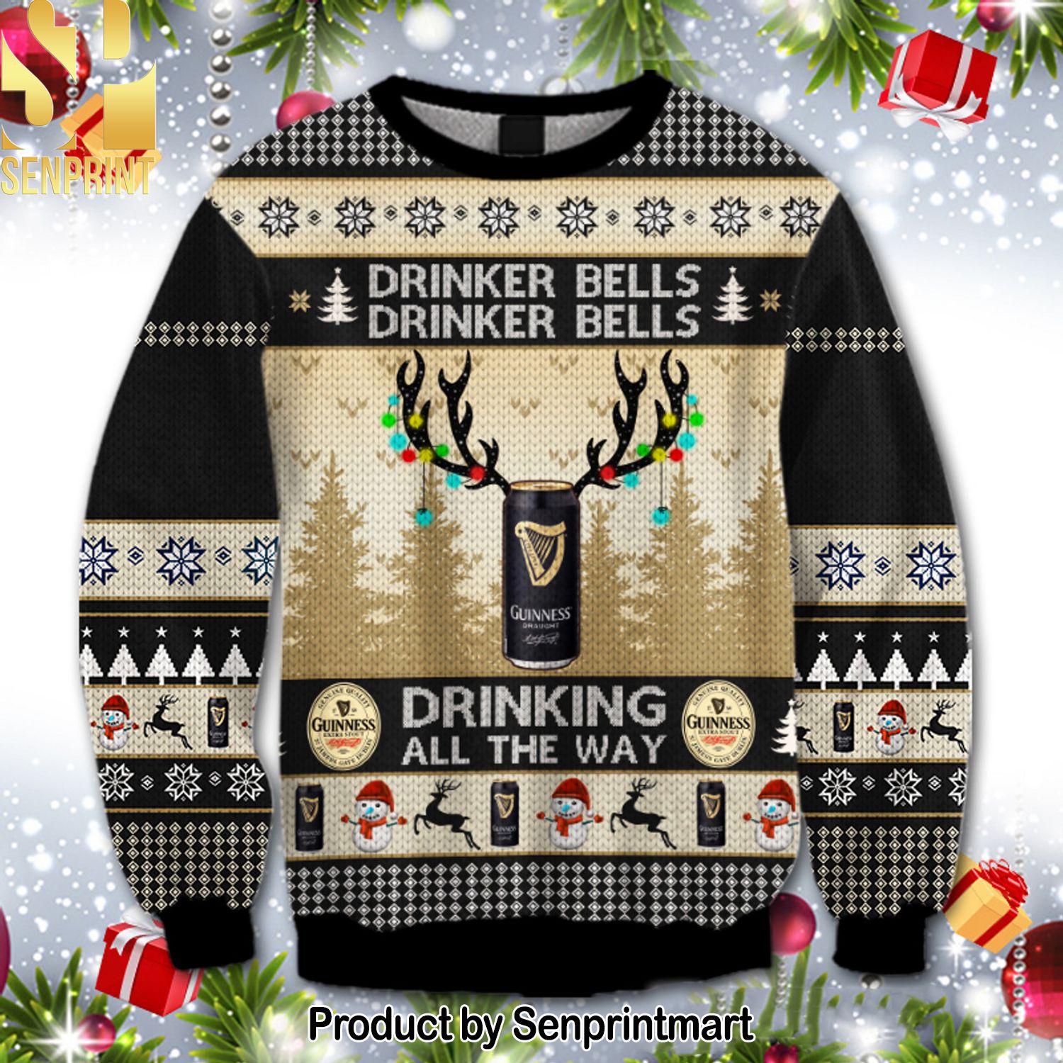 Guinness Drinker Bells 3D Printed Ugly Christmas Sweater