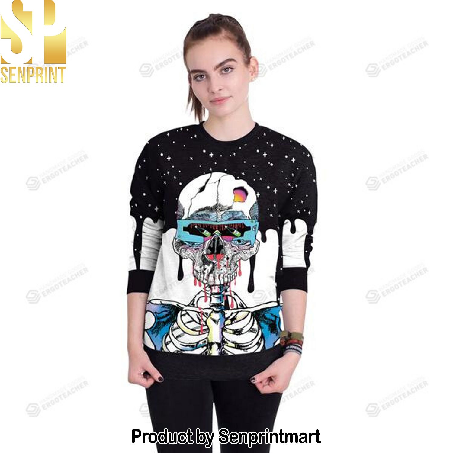 Halloween Black And White Crew Neck For Christmas Gifts Knitting Pattern Sweater