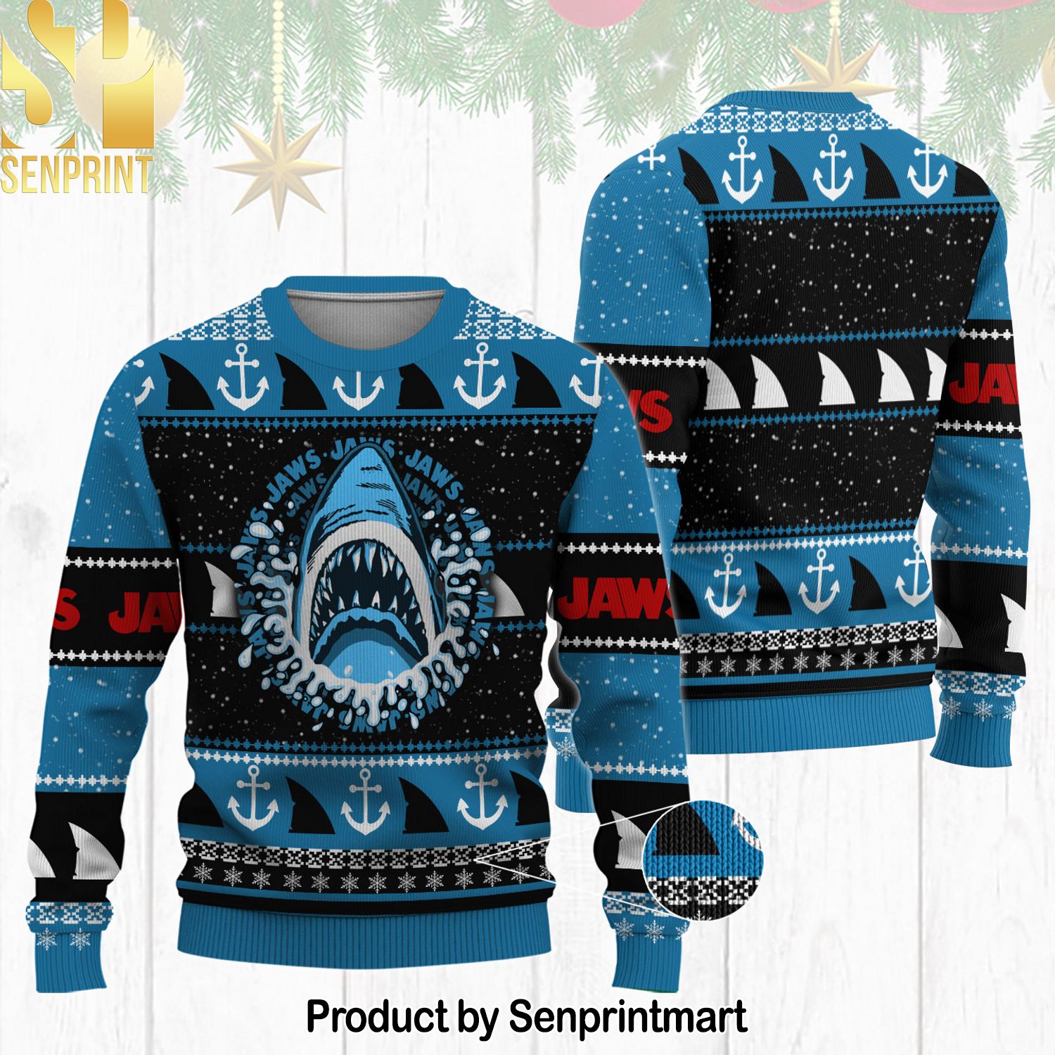 Jaws Horror Movie Ugly Xmas Wool Knitted Sweater