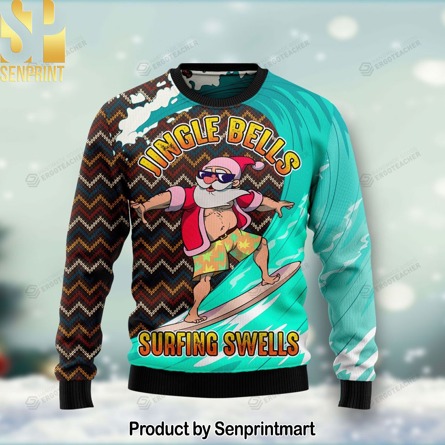 Jingle Bells Surfing Swells Ugly Christmas Holiday Sweater