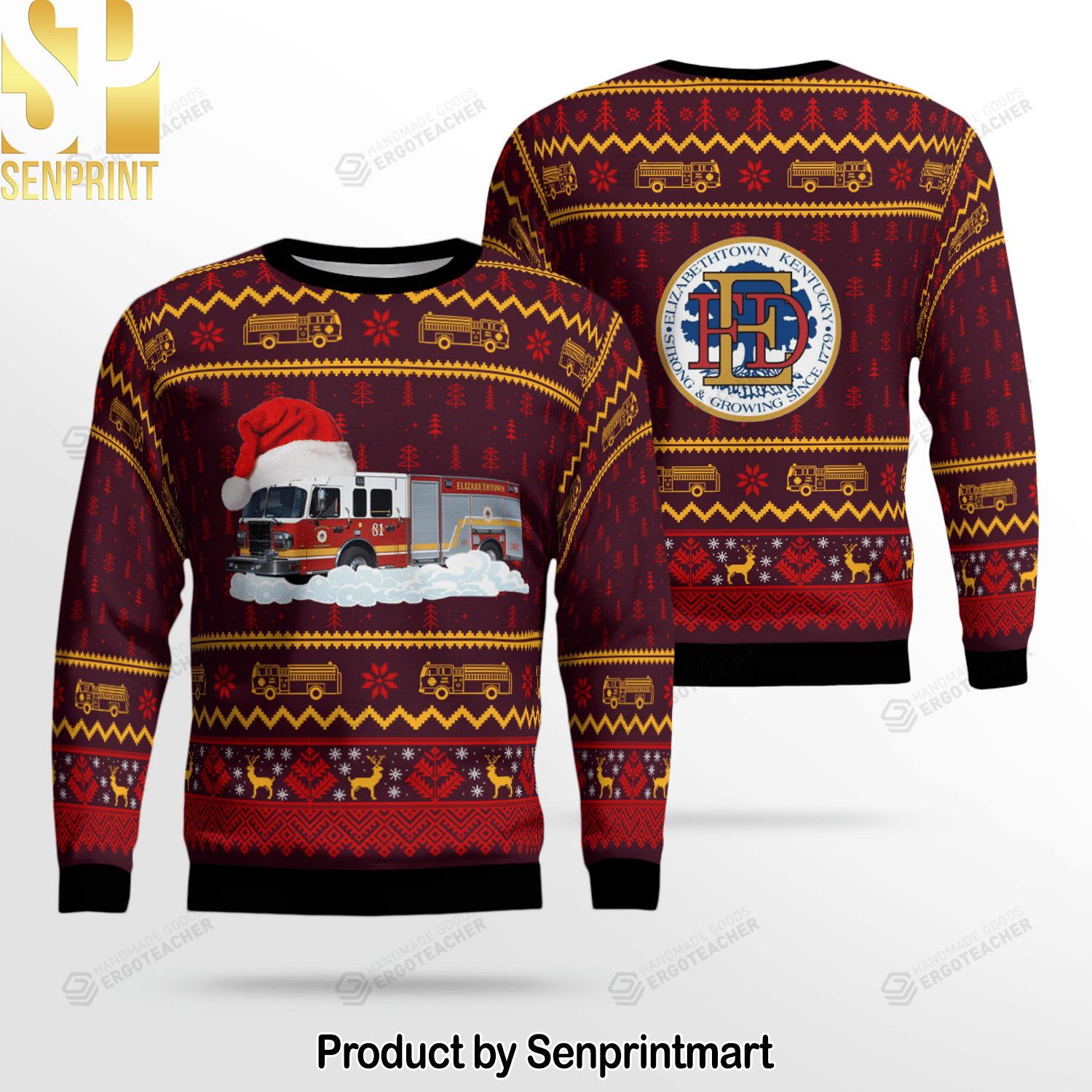Kentucky Elizabethtown Fire Department Fire Truck 2081 Knitting Pattern Ugly Christmas Sweater