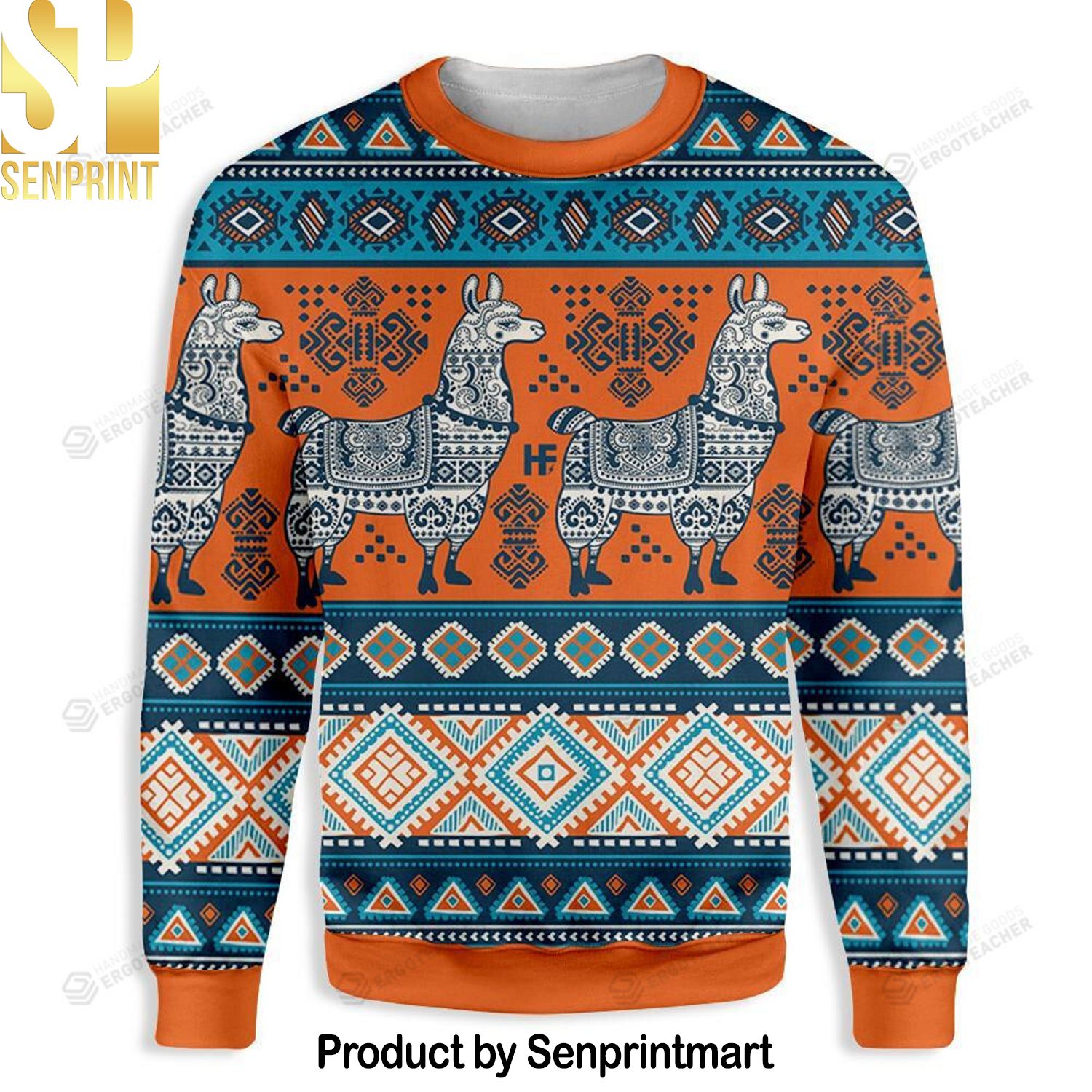 Llama Christmas Llama Yoga Orange Blue Knitting Pattern Ugly Christmas Holiday Sweater