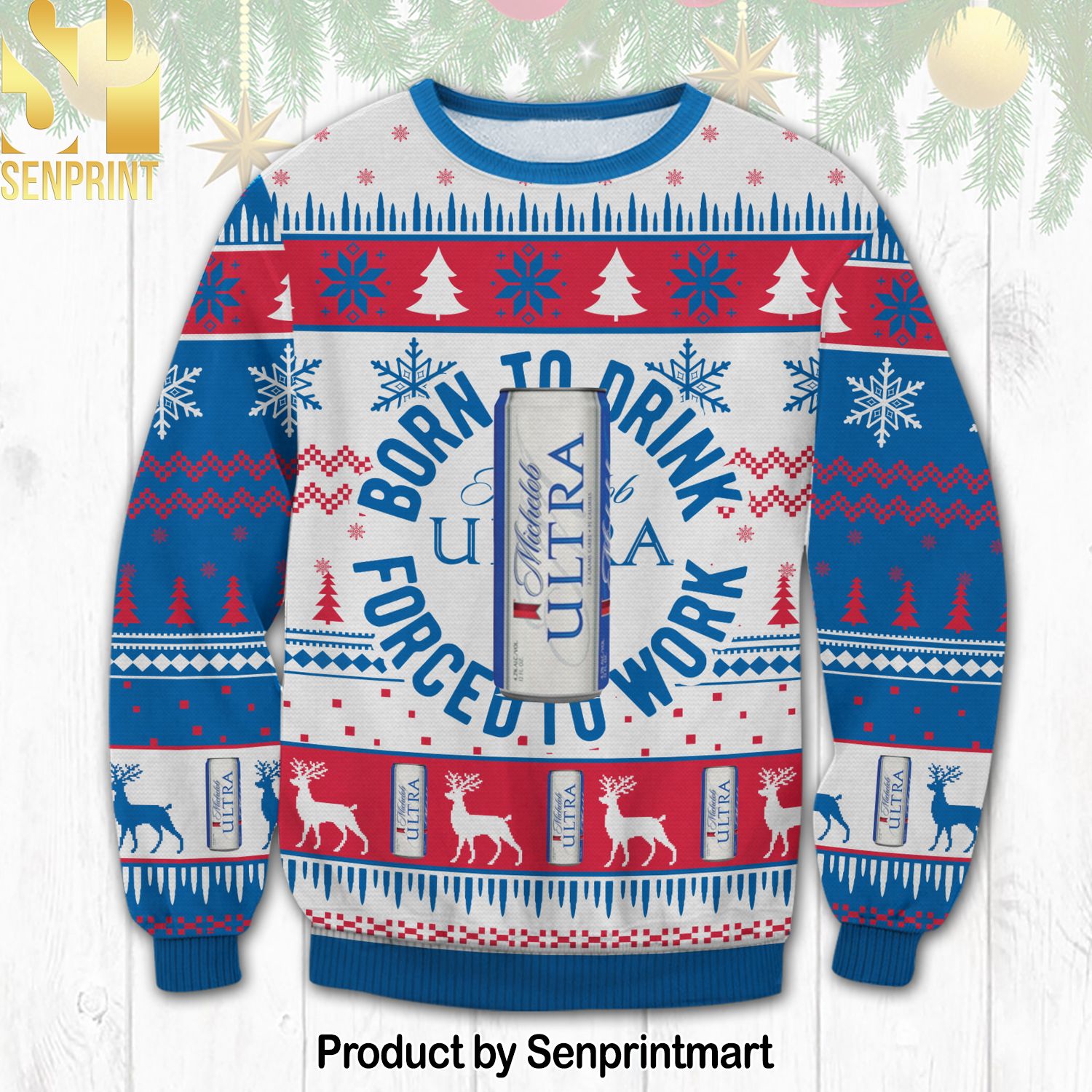 Michelob Ultra Born To Drink Knitting Pattern Ugly Christmas Holiday Sweater