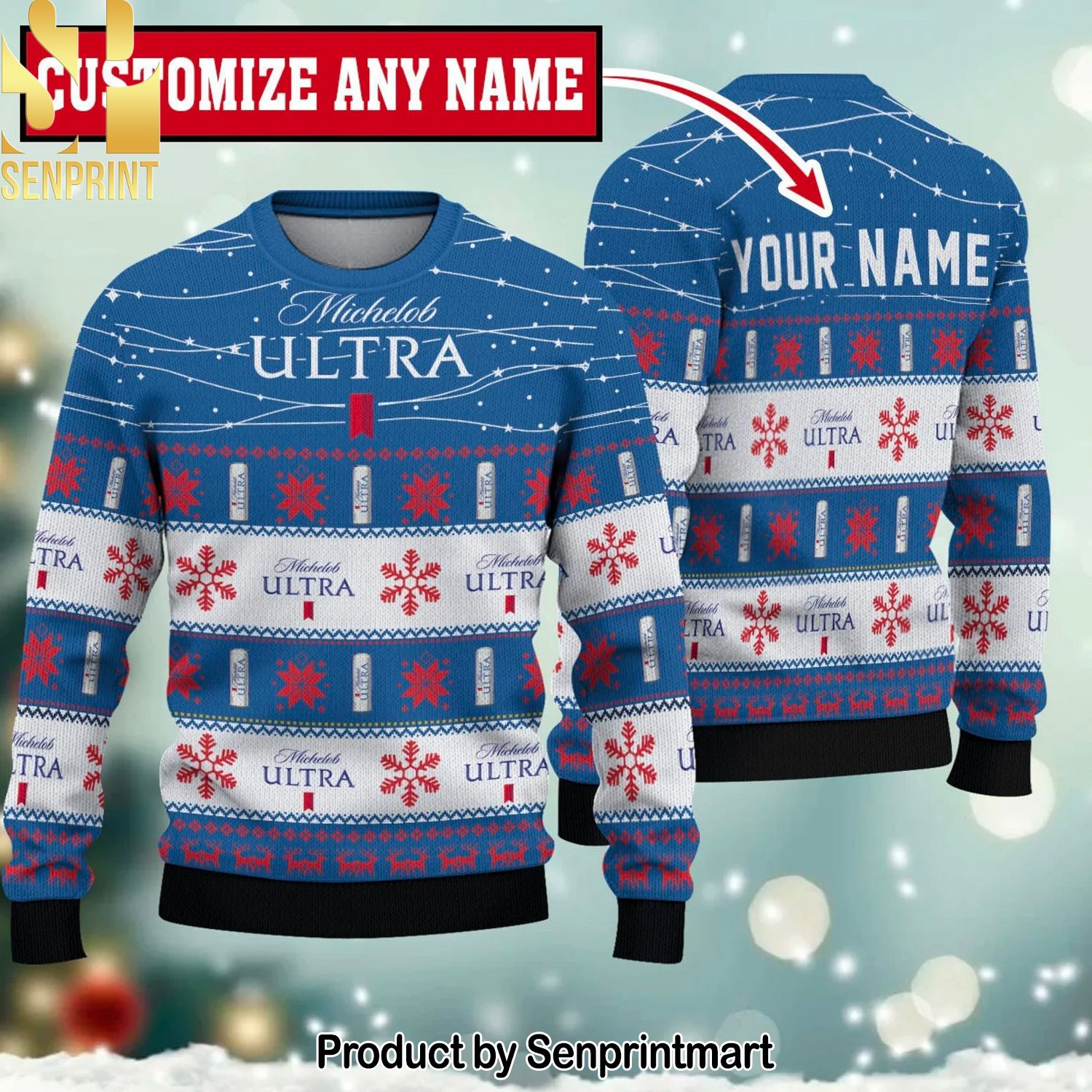 Michelob Ultra Twinkle Light Custom Name For Christmas Gifts 3D Printed Ugly Christmas Sweater