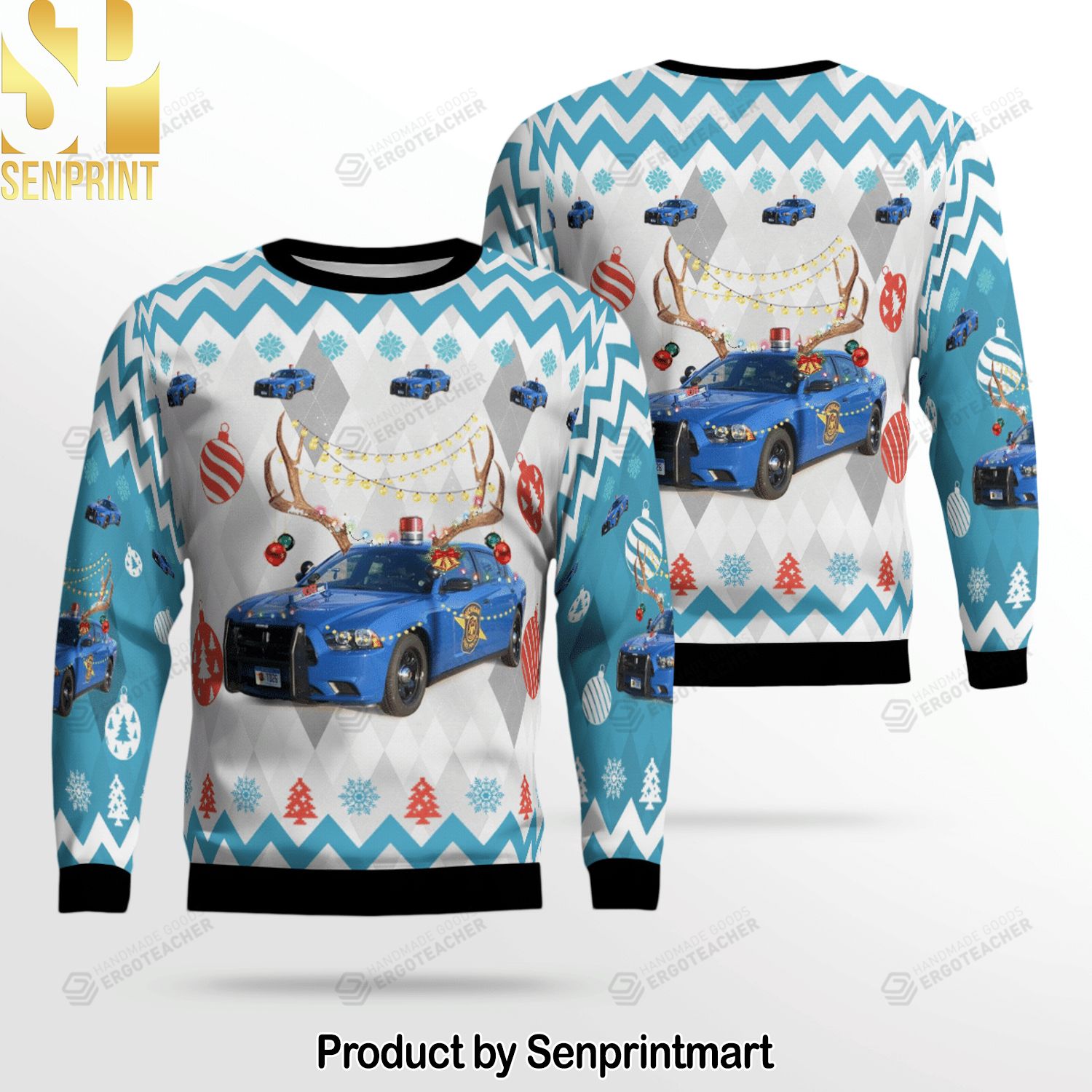 Michigan State Police Dodge Charger For Christmas Gifts Ugly Christmas Sweater
