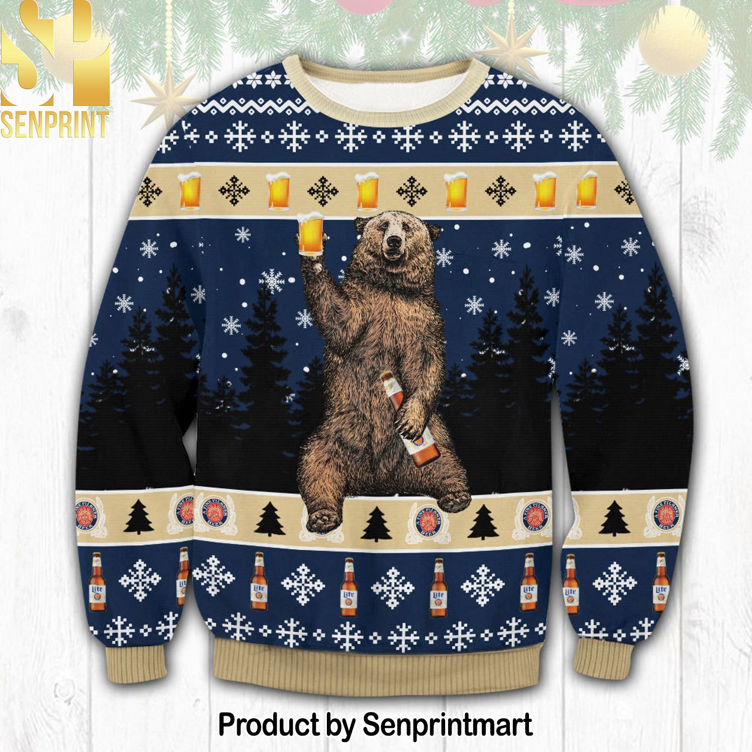 Miller Lite Bear Knitting Pattern Ugly Christmas Holiday Sweater