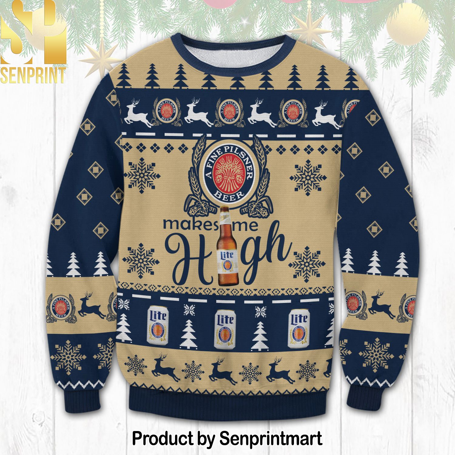 Miller Lite Make Me High Ugly Christmas Holiday Sweater