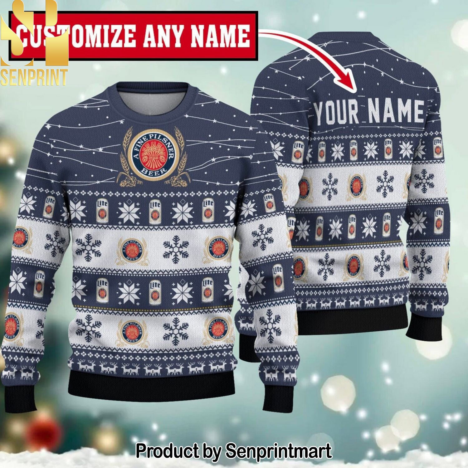 Miller Lite Twinkle Light Custom Name For Christmas Gifts Knitting Pattern Sweater