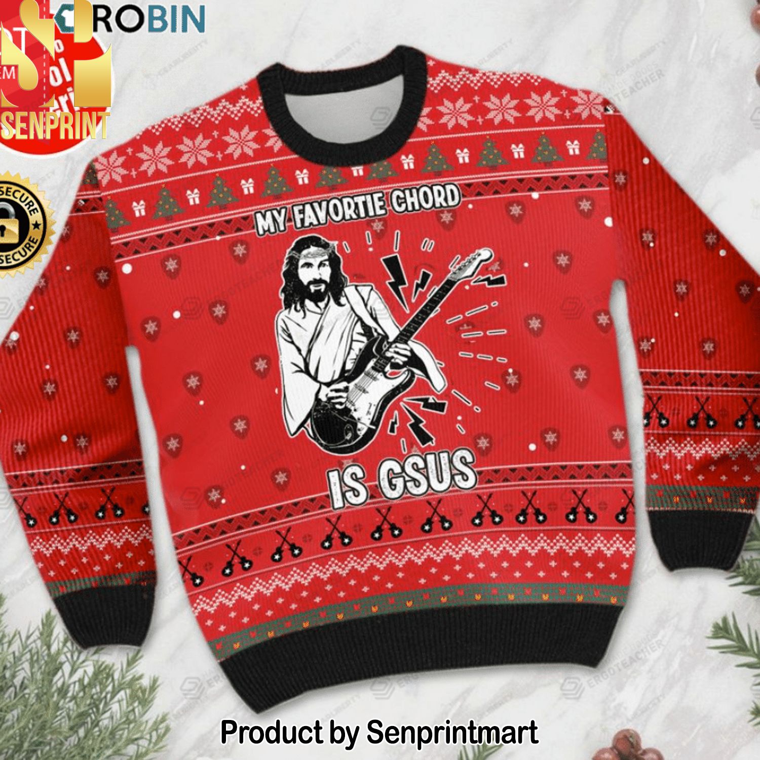 My Favorite Chord Is Gsus Jesus Playing Guitar Christmas Ugly Wool Knitted Sweater