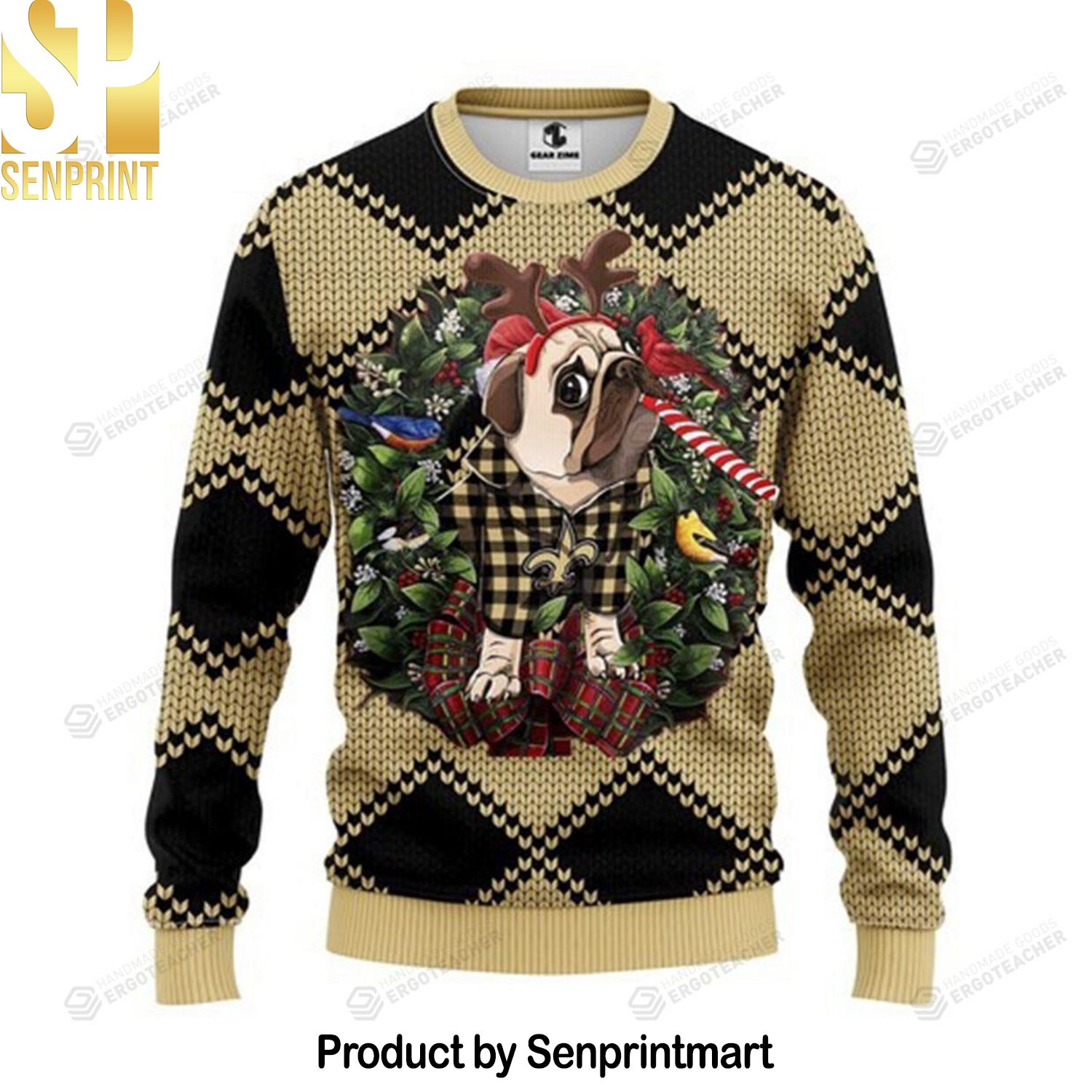 Nfl New Orleans Saints Pug Dog 3D Printed Ugly Christmas Sweater