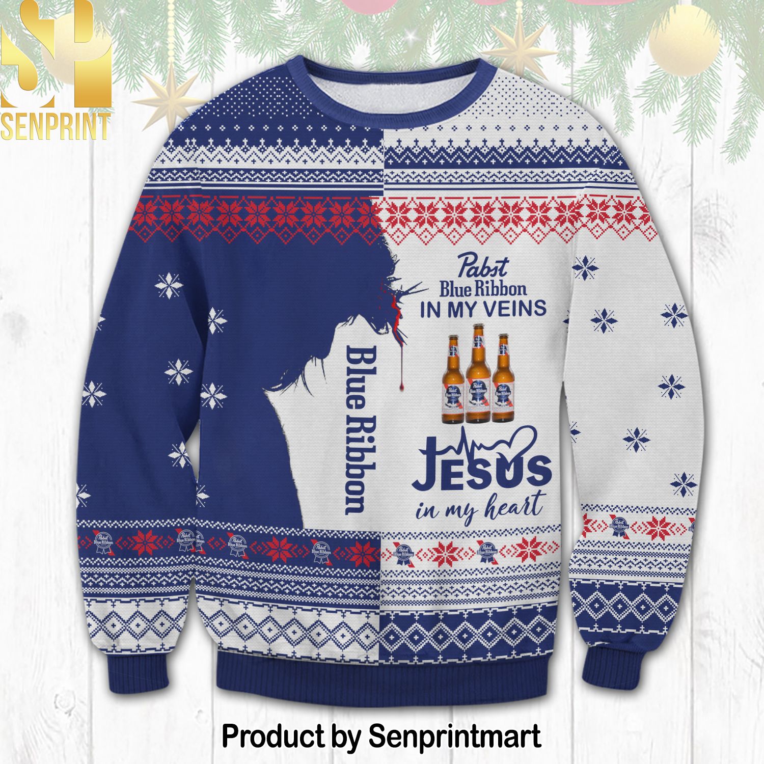 Pabst Blue Ribbon Jesus For Christmas Gifts Ugly Christmas Holiday Sweater