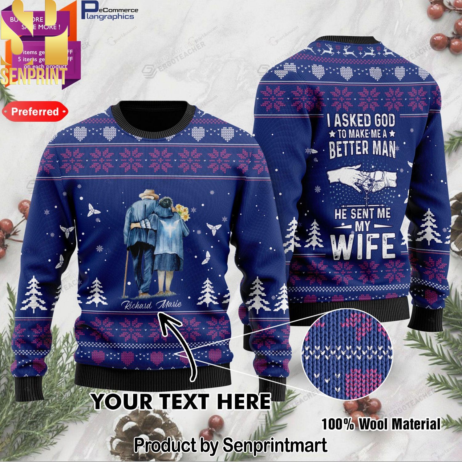 Personalized He Sent Me My Wife Custom Names Ugly Christmas Wool Knitted Sweater