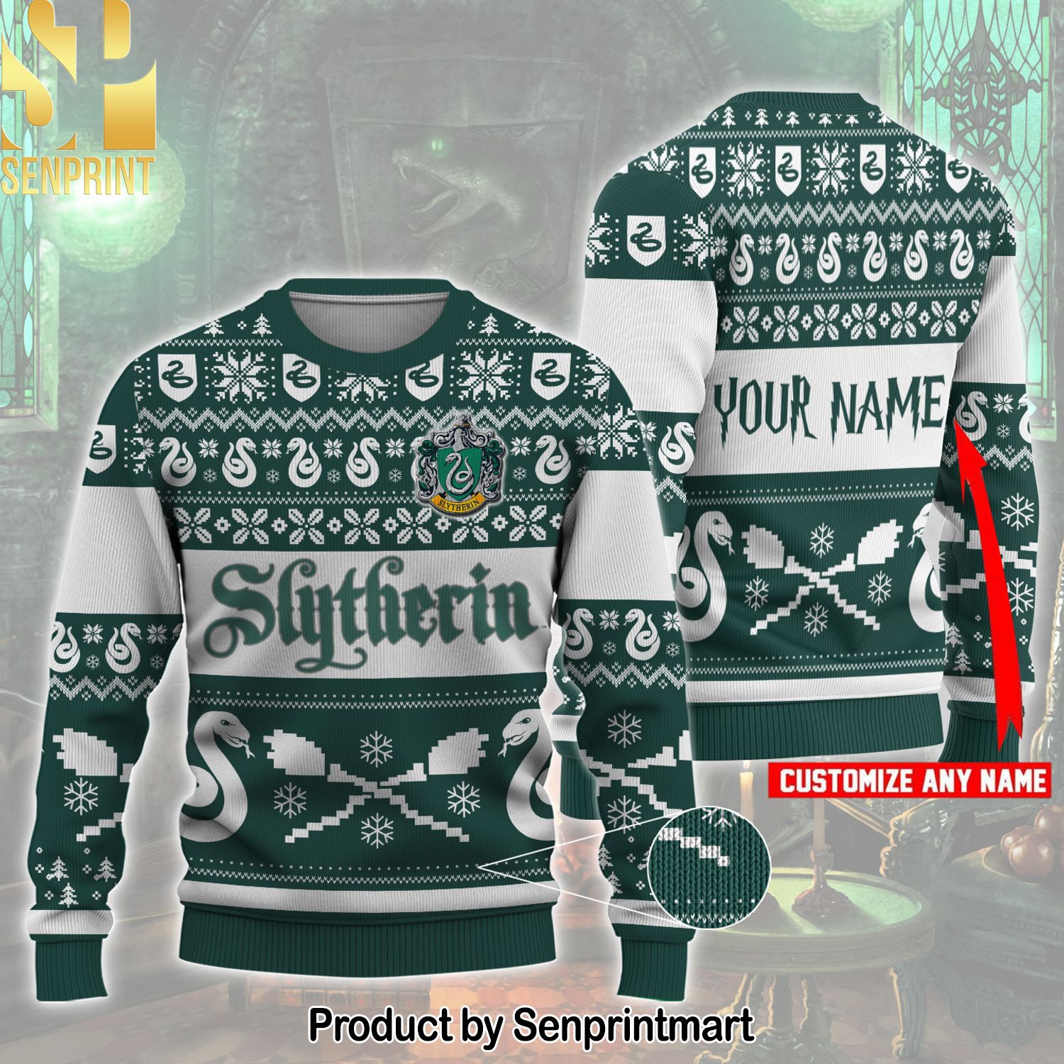 Slytherin Custom Name Ugly Xmas Wool Knitted Sweater