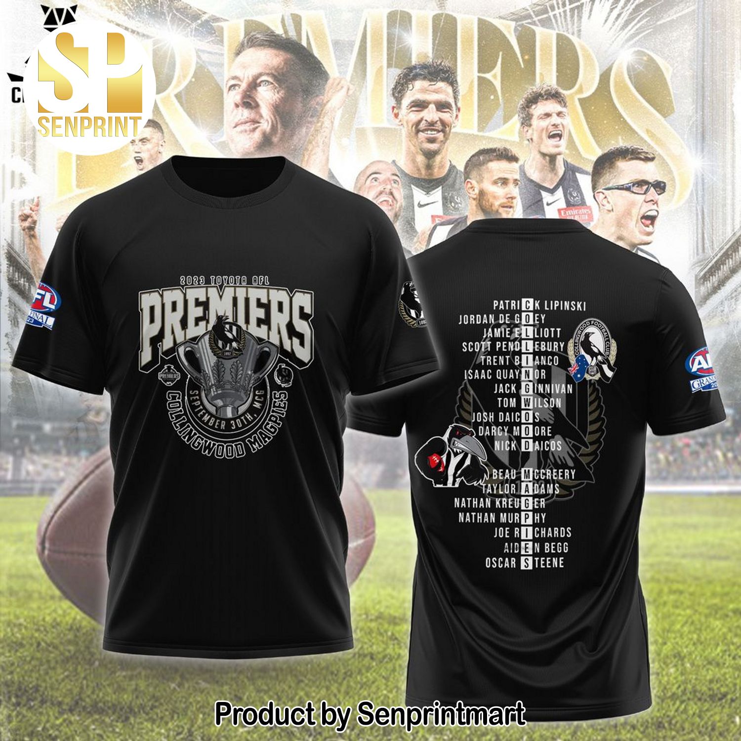 2023 Toyota AFL Premiers September 30th MCG Collingwood Magpies Collection List Deign 3D Full Printing Shirt