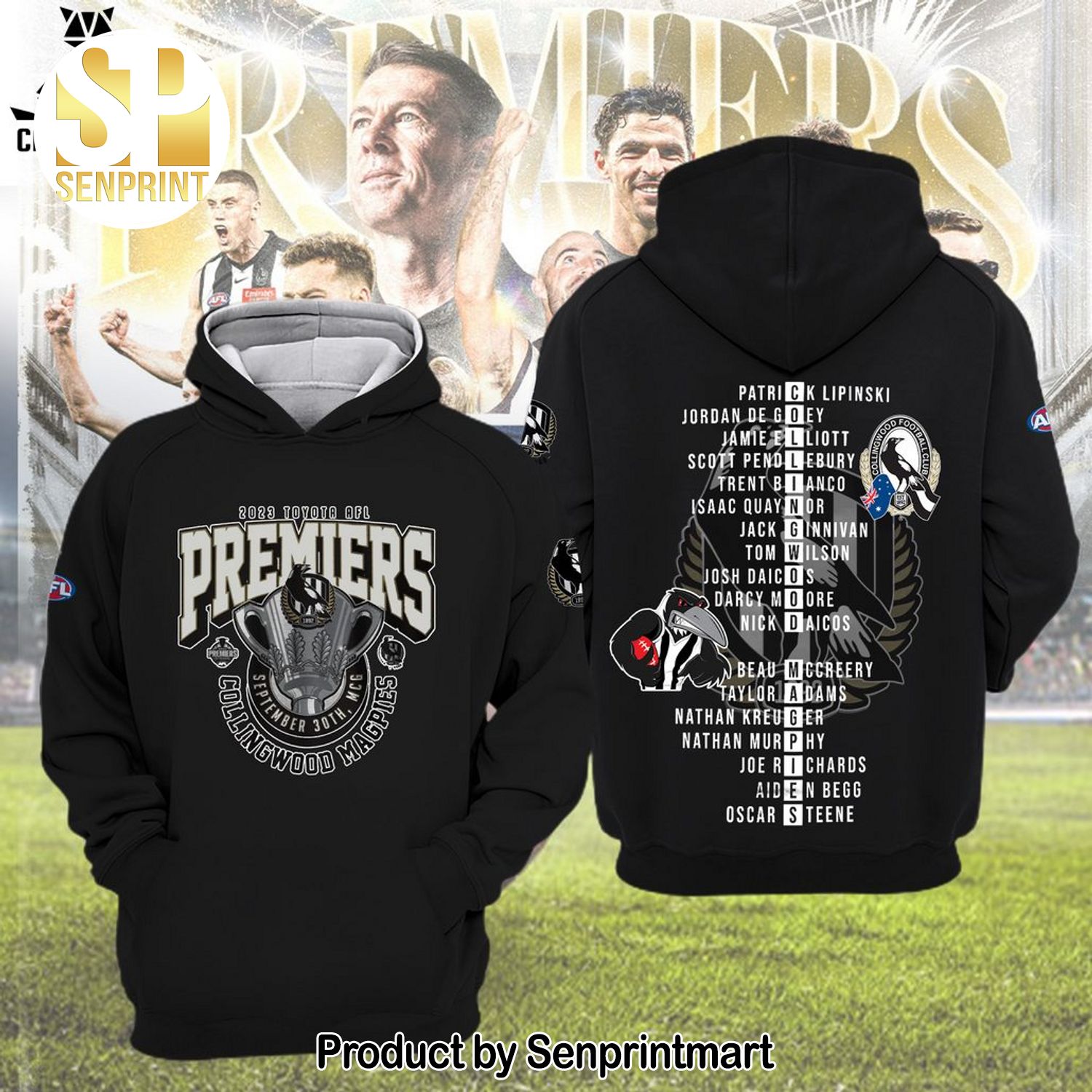 2023 Toyota AFL Premiers September 30th MCG Collingwood Magpies Collection List Deign Full Printed Shirt