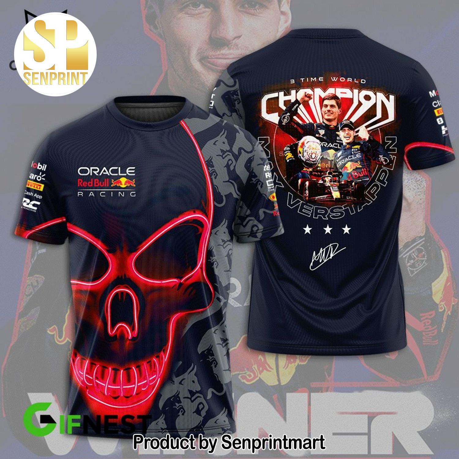 3 Time The World Champion Max Verstappen Oracle RedBull Racing Full Printed Shirt