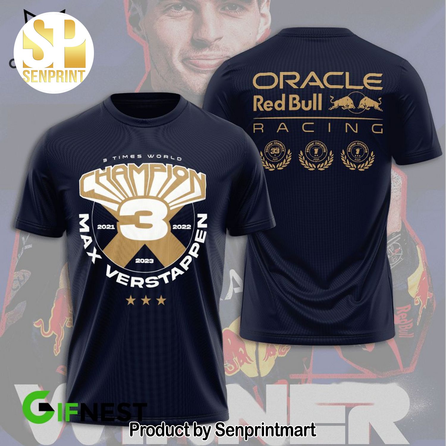 3 Times World Champion Max Verstappen Oracle RedBull Racing Design Full Print Shirt